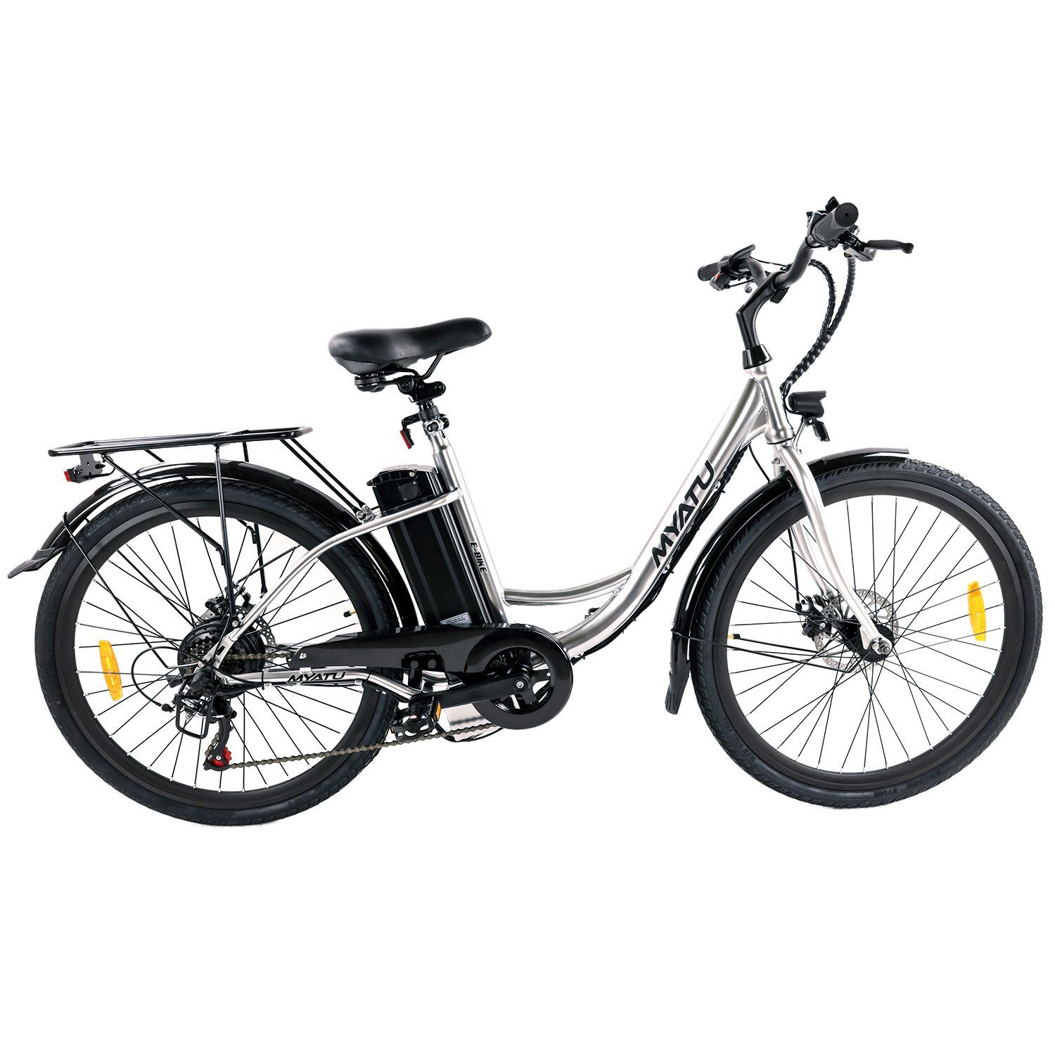 Myatu E-Bike Citybike Tiefeinstieg 26 Zoll Damen 360Wh 10 Ah, 6 Gang Shimano, Kettenschaltung, Heckmotor, 360,00 Wh Akku, großer Akku Silber