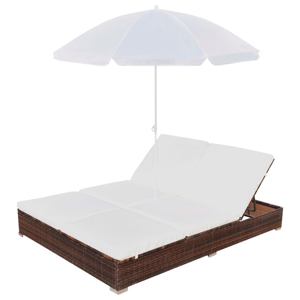 furnicato Bett Rattan-Sonnenliege für 2 Personen 197x140x190 cm Braun mit Cremeweiß, Witterungsbeständige Chaiselongue mit UV-Schirm und 7 Positionen