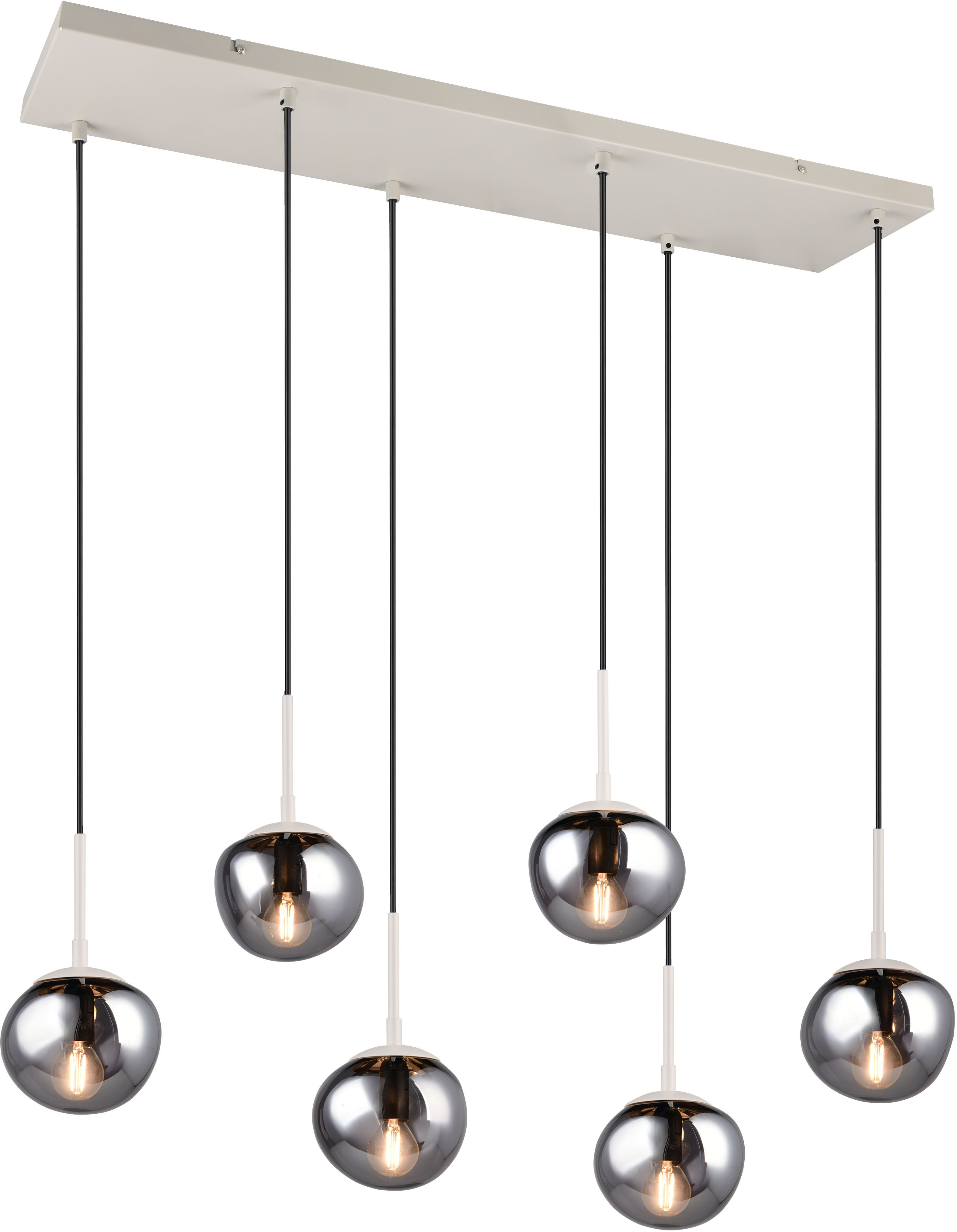 s.Oliver Pendelleuchte ANJELLA, Hängelampe exkl 6x E14 max 10W, in warm grey + smoke Glas, Leuchtmittel wechselbar, warmweiß - kaltweiß, mit mundgeblasenen Glas Lampenschirmen in rauchgrau, 150 x 90 x 30 cm