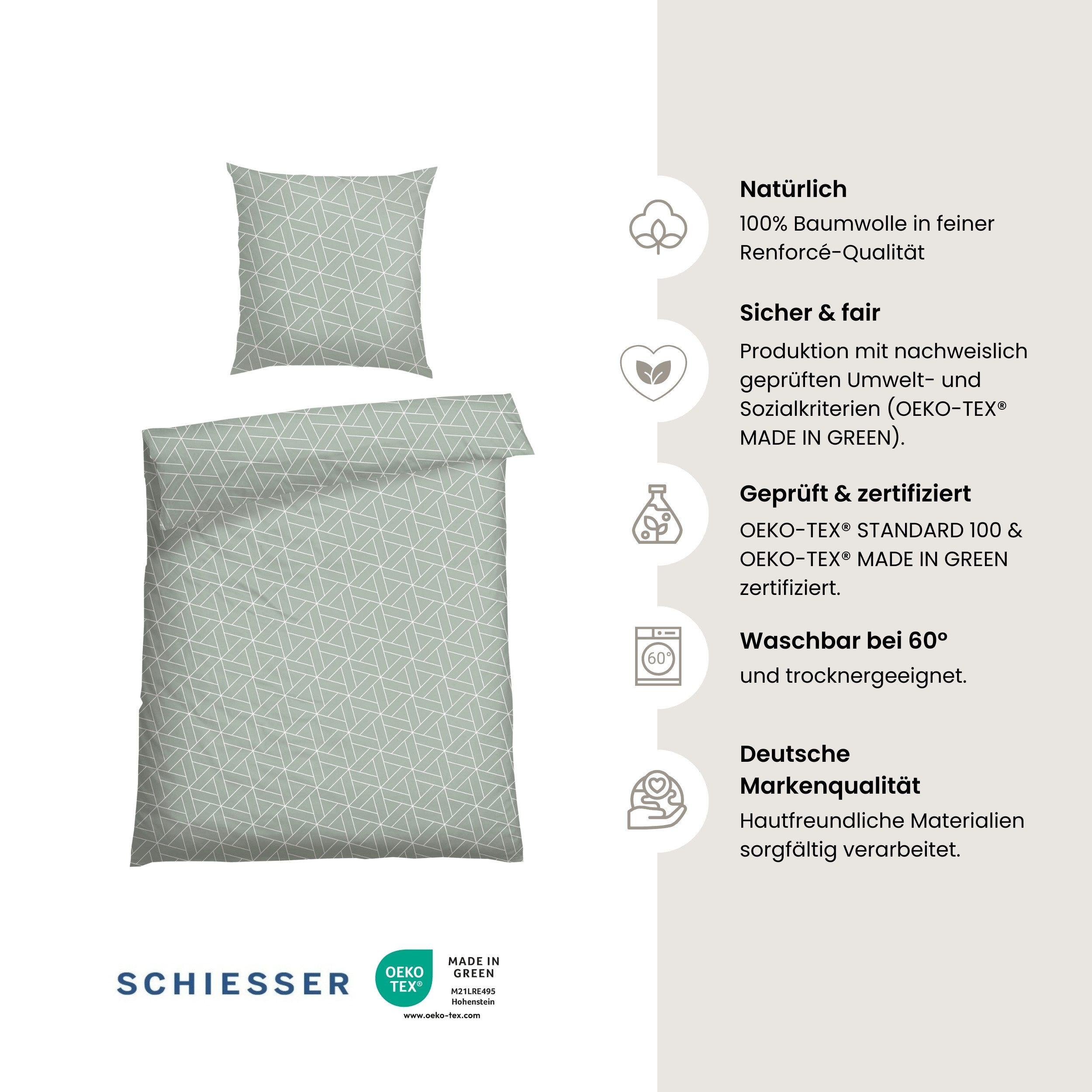 Schiesser Bettwäsche Tris aus weicher Baumwolle mit grafischem Muster, Renforcé, 2 teilig, MADE IN GREEN by OEKO-TEX®