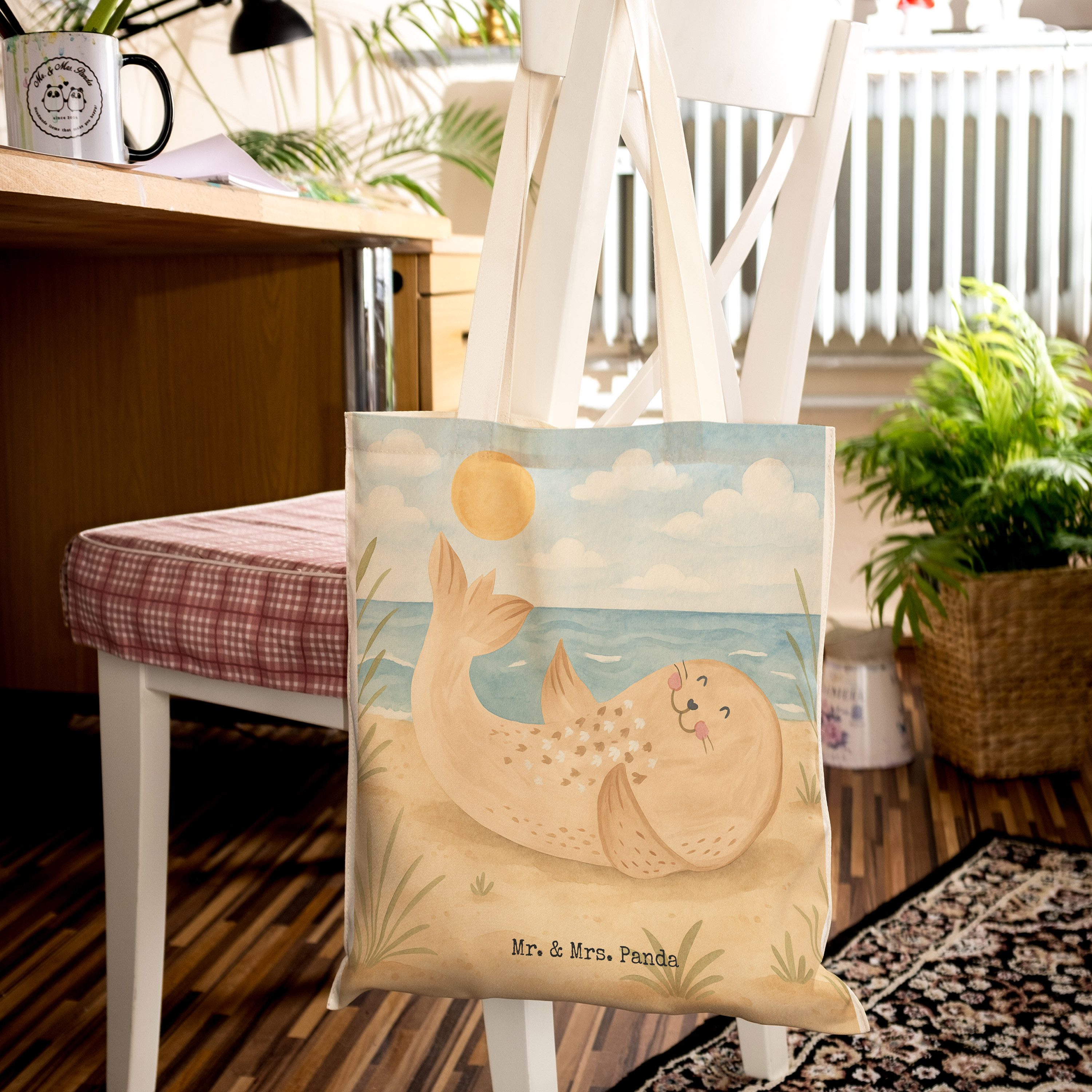 Mr. & Mrs. Panda Tragetasche Robbe Liegen Design, shopping bag, Weiß, Seehund, großer shopper, Nor (Packung), Tragetasche Bedruckt Tragetasche Mit Spruch Strand