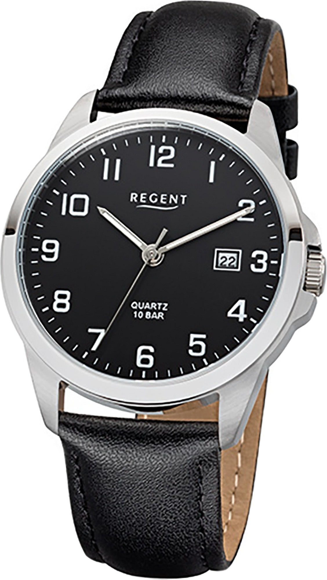 Regent Quarzuhr Regent Leder Herren Uhr F-1008 Quarzuhr, Herrenuhr Lederarmband schwarz, rundes Gehäuse, mittel (ca. 39mm)