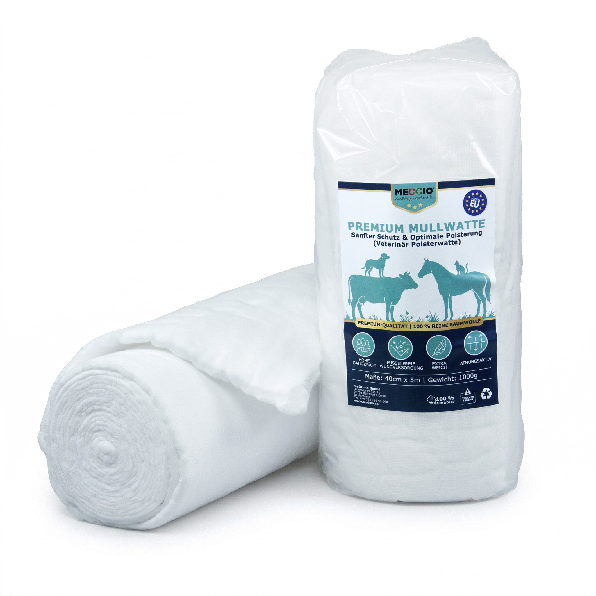 meDDio Pferdebandage Premium-Mullwatterolle 40cm x 5m Verbandwatte für die Stallapotheke (Einzelrolle)