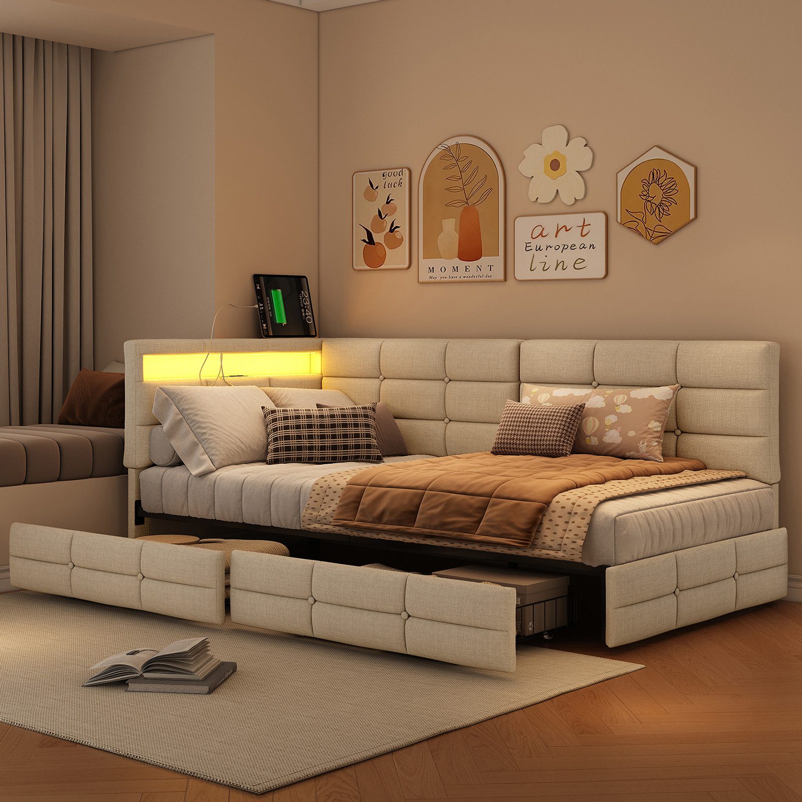 ADWOLT Polsterbett Schlafsofa (Set, 1-tlg., 140x200cm), mit 2 Schubladen mit LED und USB-Laden/Typ-C-Anschluss,Leinen,Beige