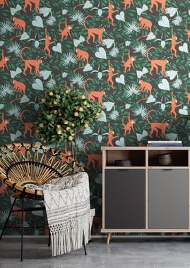 Newroom Vliestapete, Schwarz Tapete Modern Dschungel - Tiertapete Dschungeltapete Orange Blau Tropisch Animal Affen Blätter für Wohnzimmer Schlafzimmer Küche