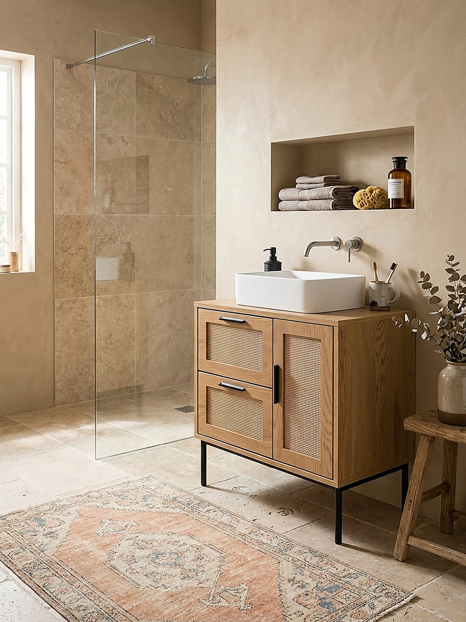 KADIMA DESIGN Waschbeckenunterschrank Waschbeckenunterschrank Eiche-Optik 60x60x40 cm mit Tür und (Stehend, Badschrank Midischrank Klein Waschtisch) Schubladen, – Bild 4 von 5