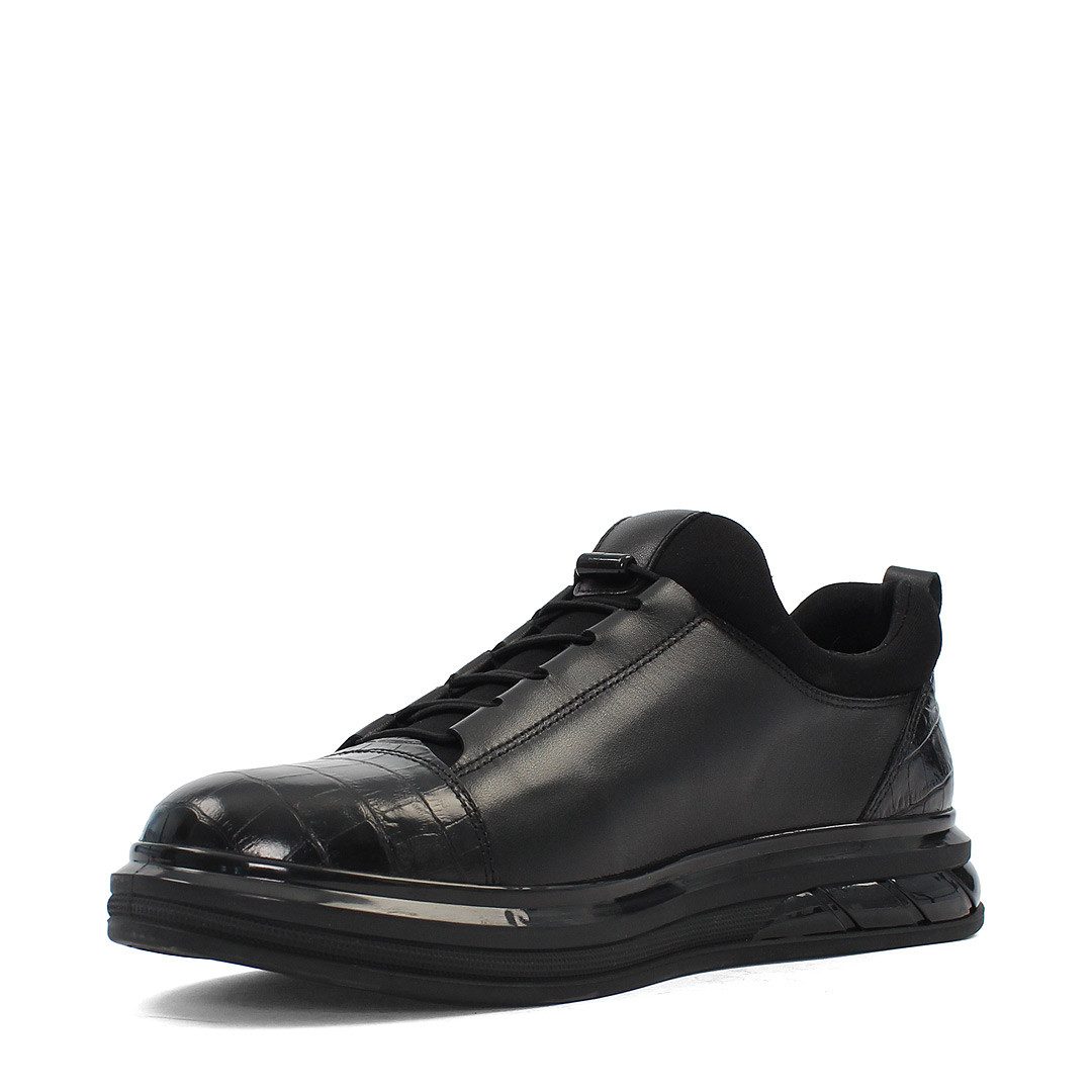 Celal Gültekin Plateausohle Leder Herren Schuhe Elastikschnürung Schwarz Low-Top Sneaker Echtleder, Kroko-Prägung, Schwarz, 43 – Bild 4 von 5