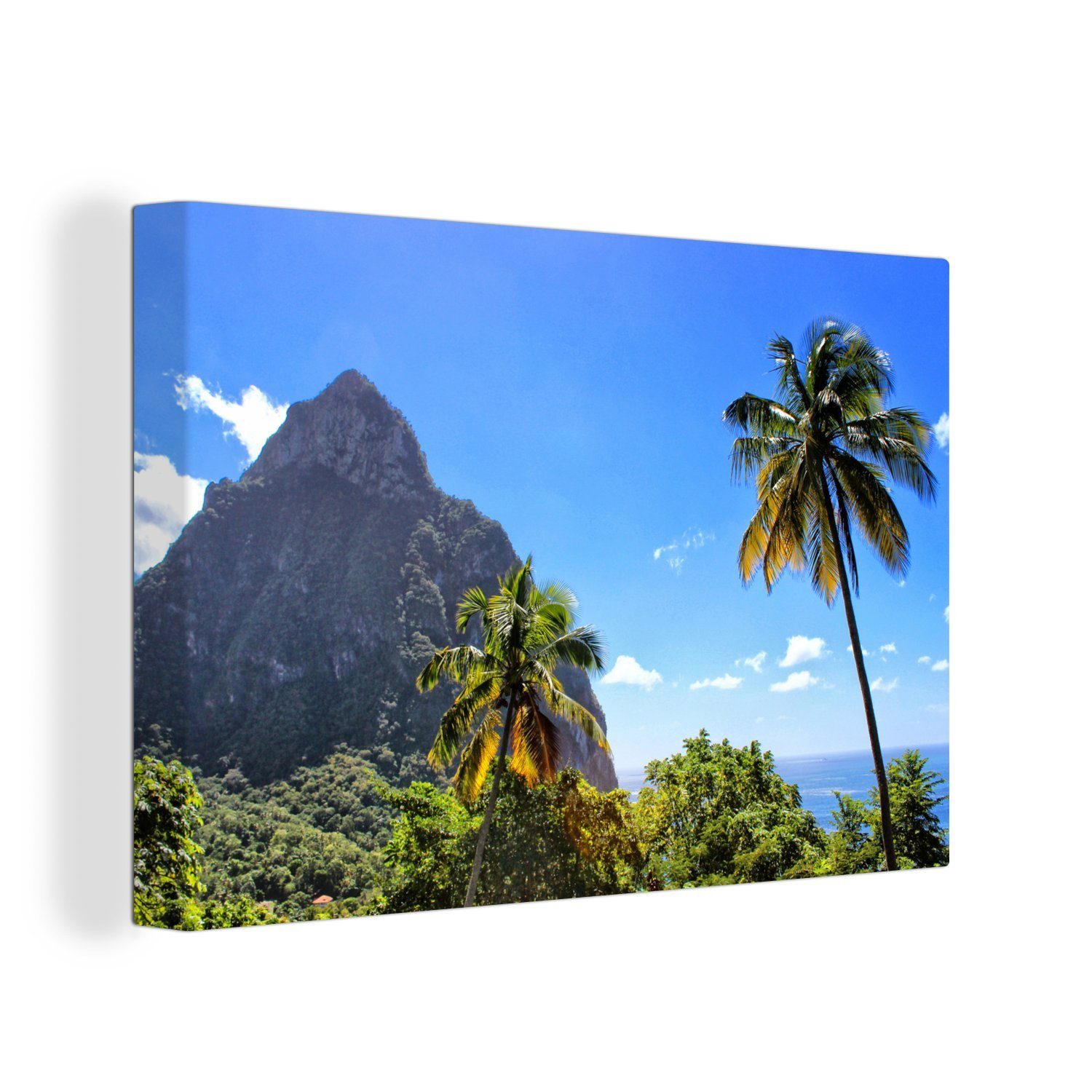 OneMillionCanvasses® Leinwandbild Schöne Palmen vor den Pitons und ein strahlend blauer Himmel, (1 St), Wandbild Leinwandbilder, Aufhängefertig, Wanddeko, 30x20 cm