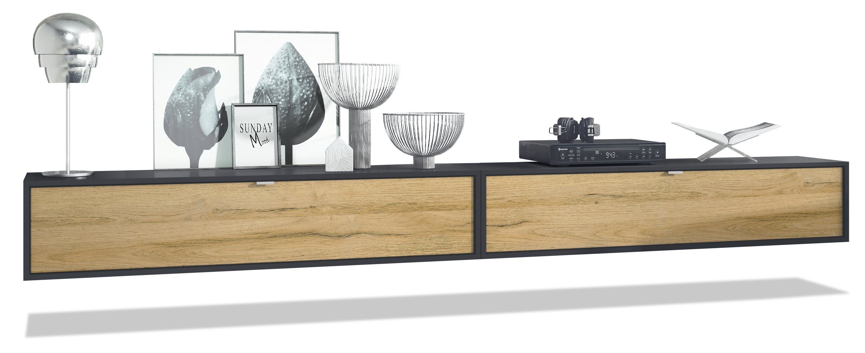 Vladon Lowboard Lana 1400 (2er-Set Tv-Kommode, mit Klappe dahinter 3 Fächer), Schwarz matt/Eiche Natur (140 x 29 x 37 cm)