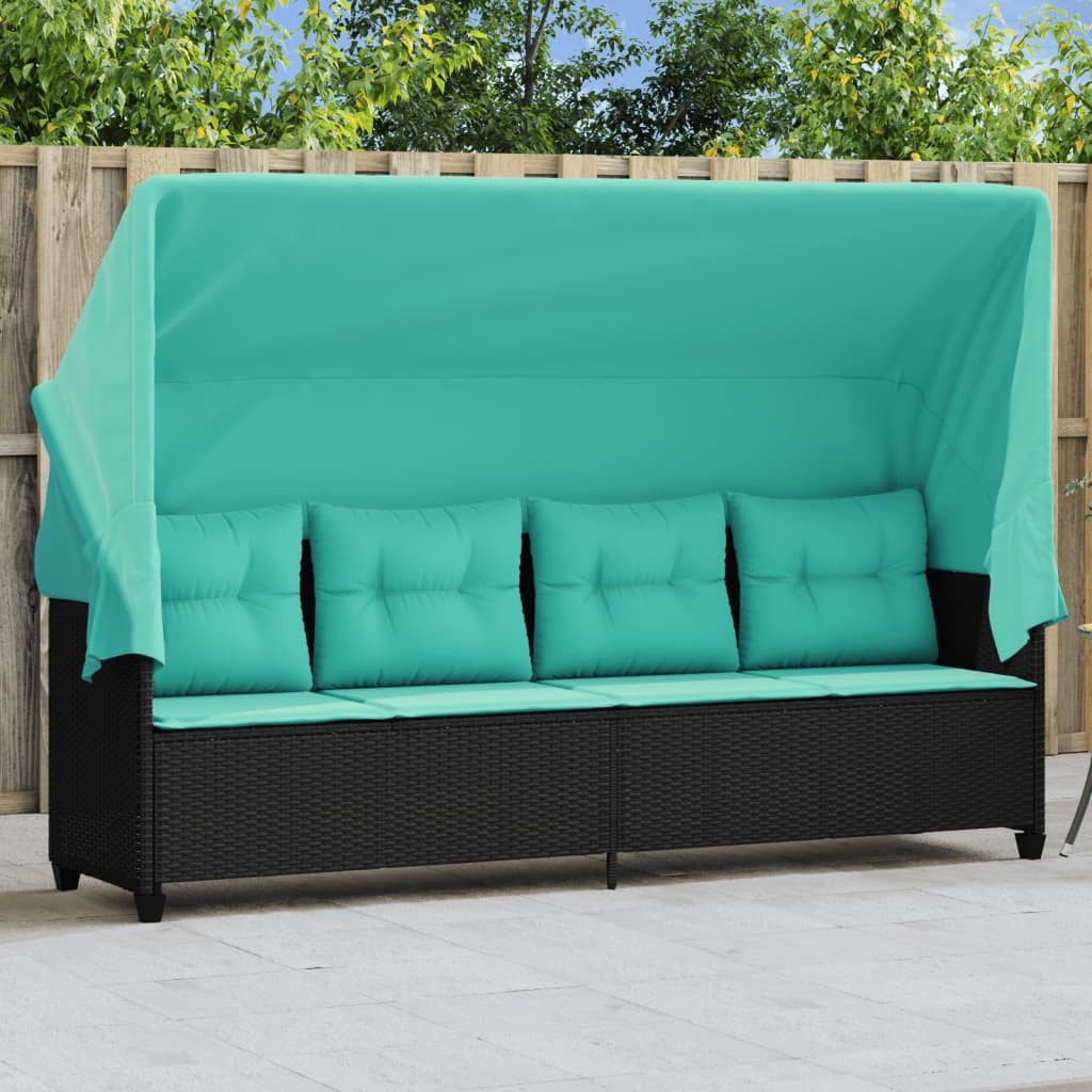 furnicato Gartenliege Sonnenliege mit Dach 204x75x140 cm Schwarz, Verstellbare Gartenliege mit Polsterkissen und ausziehbarem Sonnendach