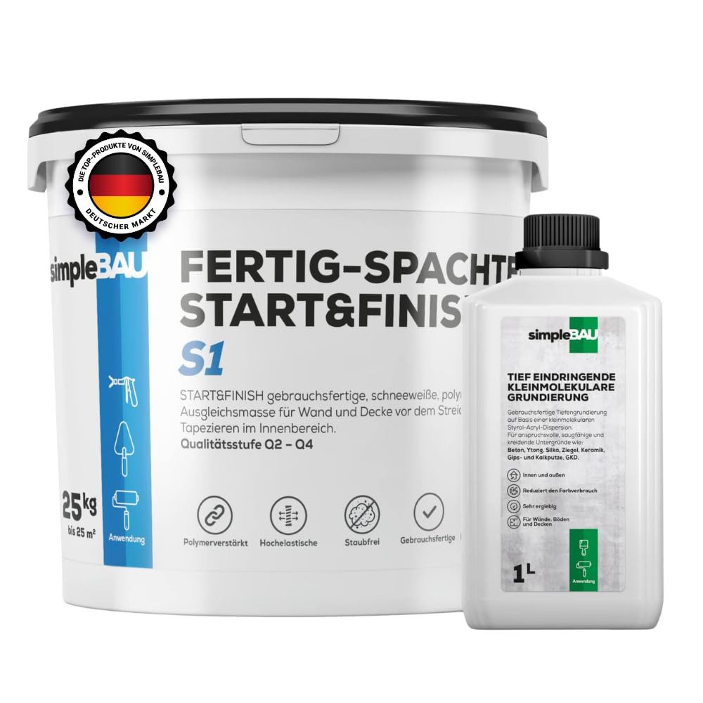 simpleBAU Spachtelmasse Spachtelmasse Weiß Innen 25 KG + 1L Tiefengrund gebrauchsfertig