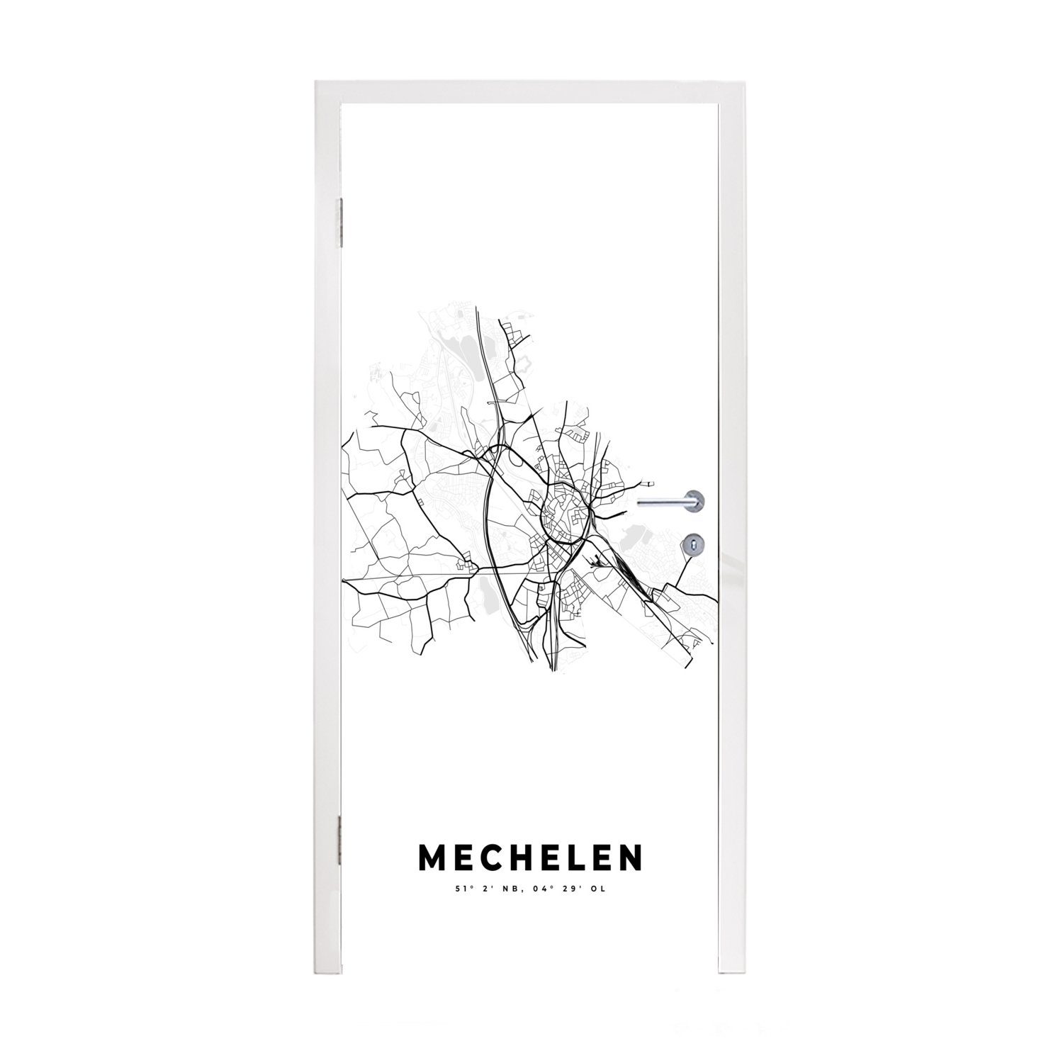 MuchoWow Türtapete Karte - Belgien - Mechelen - Schwarz und weiß - Stadtplan, Matt, bedruckt, (1 St), Fototapete für Tür, Türaufkleber, 75x205 cm