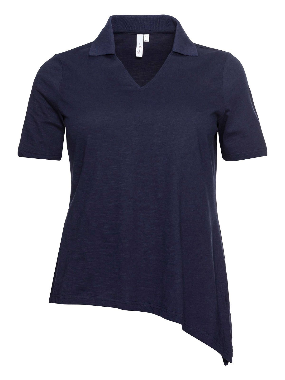 Sheego T-Shirt und Saum marine mit Polokragen Größen asymmetrischem Große