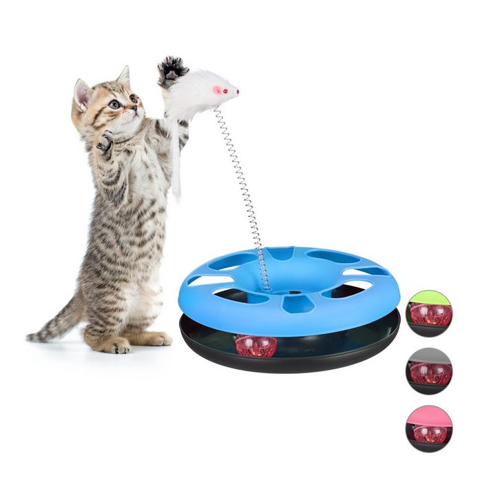 relaxdays Katzenspielrad 1 x Katzenspielzeug mit Maus hellblau Kunststoff