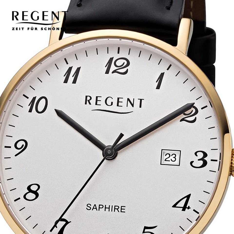 Regent Quarzuhr Regent Herren Uhr F-1230 Leder Quarz, Herren Armbanduhr  rund, mittel (ca. 38mm), Lederarmband