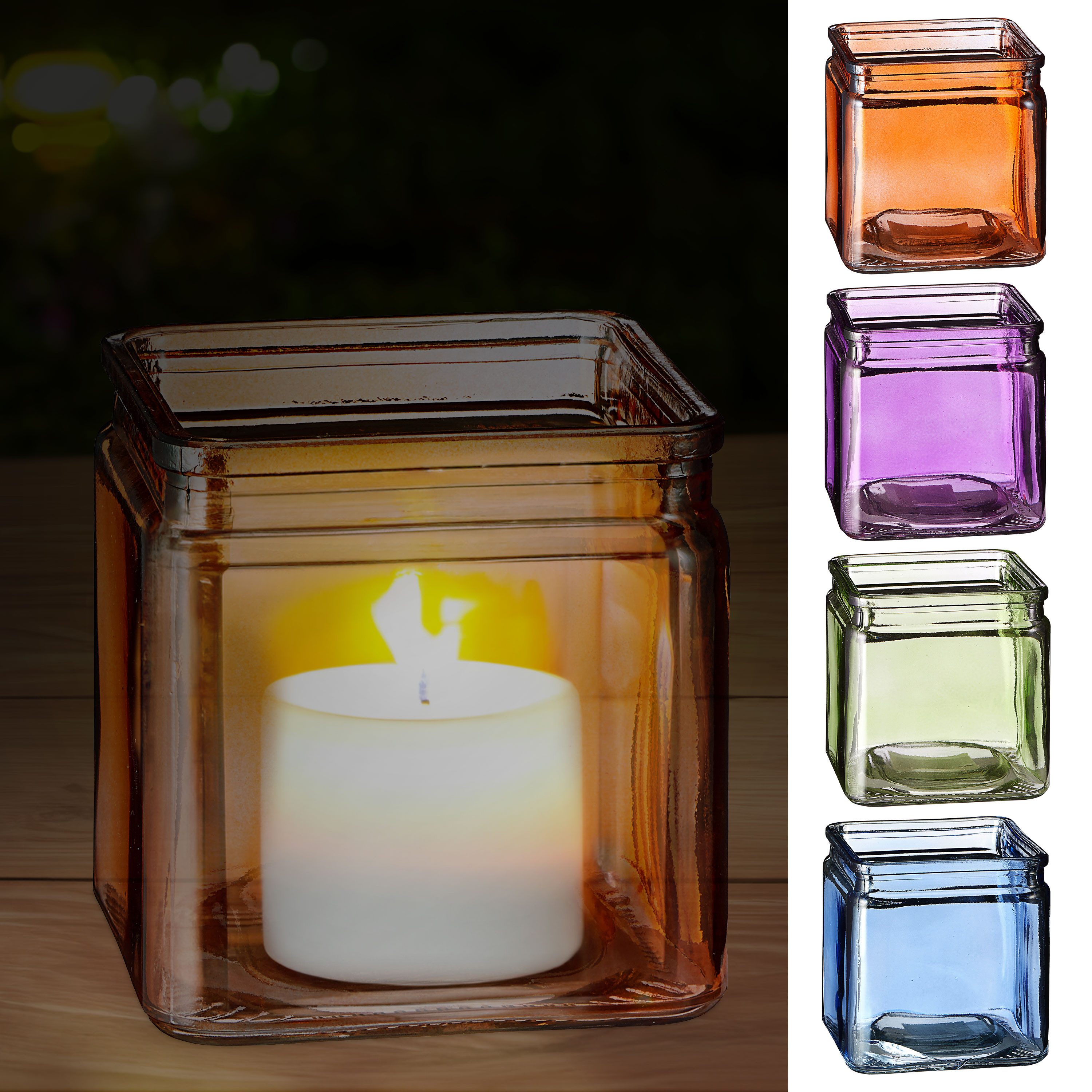 Teelichthalter Windlicht 4er Set Glas 10x10x10cm orange blau grün lila Teelichtglas