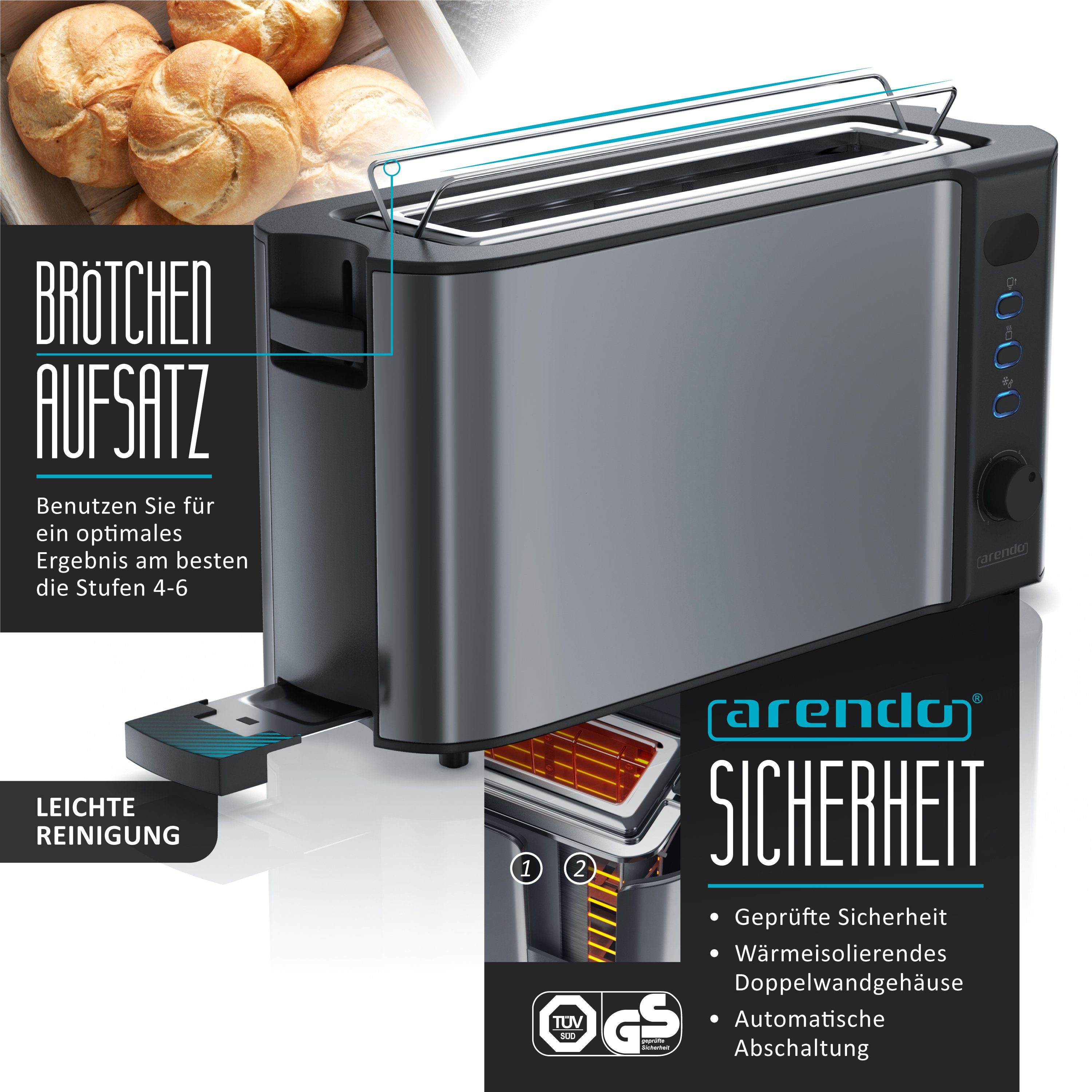 Arendo Frühstücks-Set Edelstahl Wasserkocher 1,5l, 2-Scheiben Langschlitz Toaster, Cool Grey (2-tlg), Wasserkocher mit Temperaturwahl, Toaster mit Brötchenaufsa – Bild 4 von 5