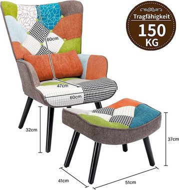 HomeMiYN Ohrensessel Relaxsessel mit Hocker Patchwork Sessel Ohrensessel Sessel Wohnzimmer, Liege, Loungesessel, ohrensessel mit hocker