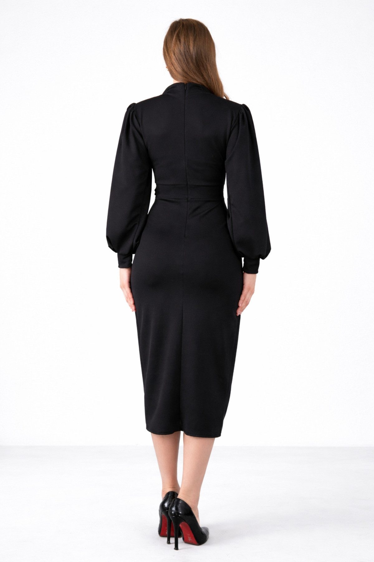 WOMAN VISION Midikleid Schwarzes Midikleid mit langen Ärmeln, Stehkragen und raffinierten Det