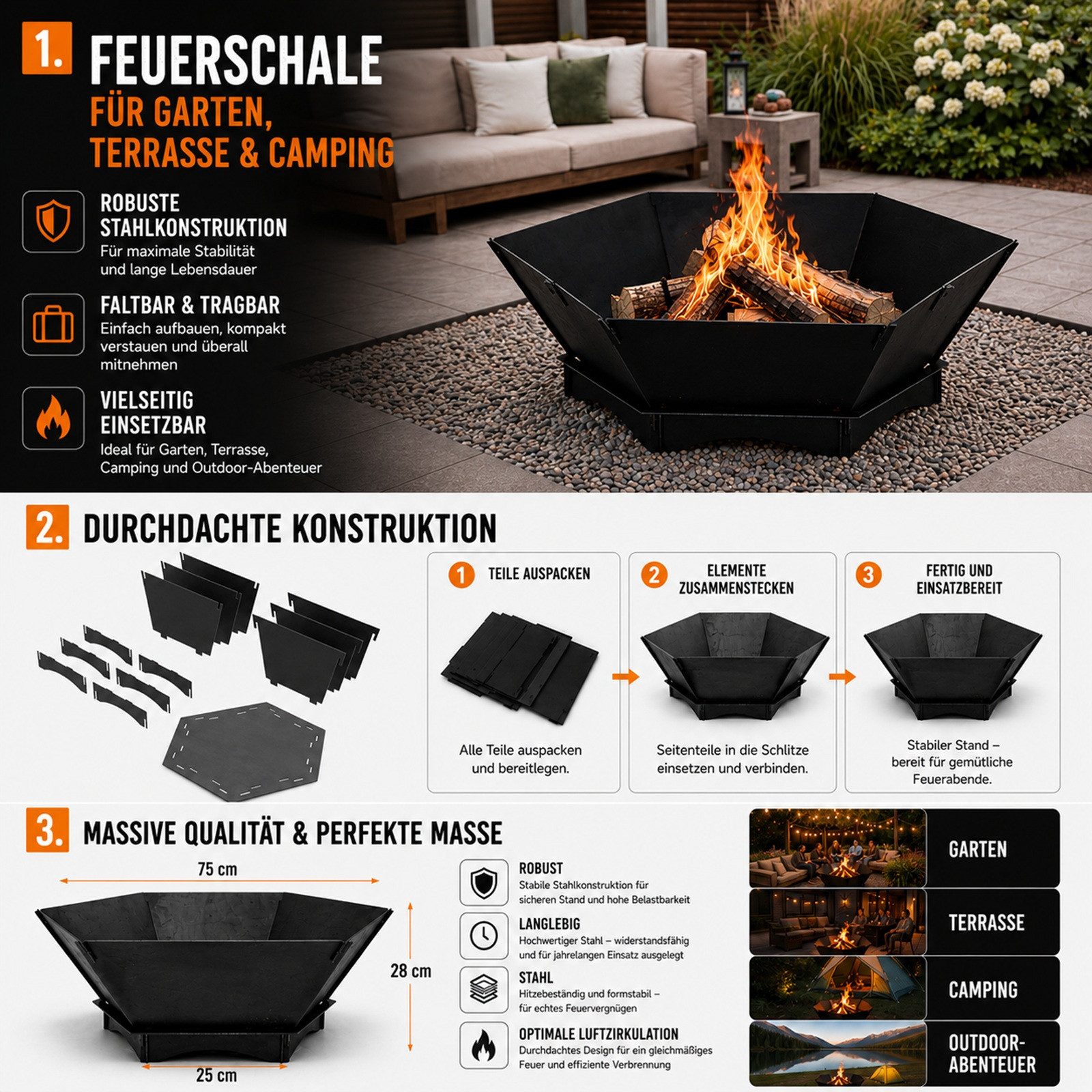 QLS Feuerschale 75x75 cm XXL, Feuerstelle aus Stahl faltbar für Outdoor Garten