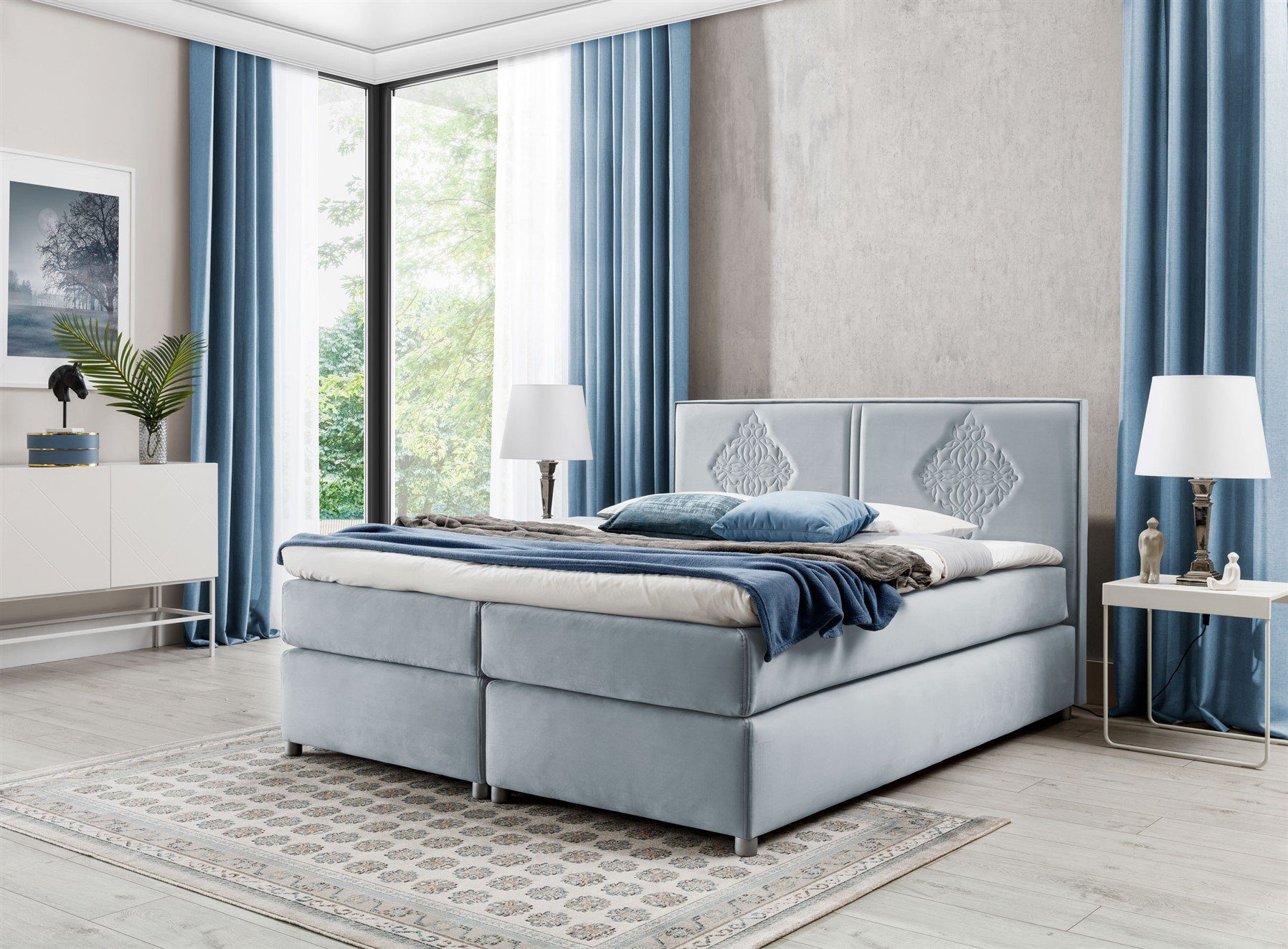 Fun Möbel Boxspringbett Schlafzimmerbett Bett DAMIANO DELUX (Wellenfederung im Bettrahmen, inkl. Topper), Hochwertige Stickerei am Kopfteil für eine exklusive Optik