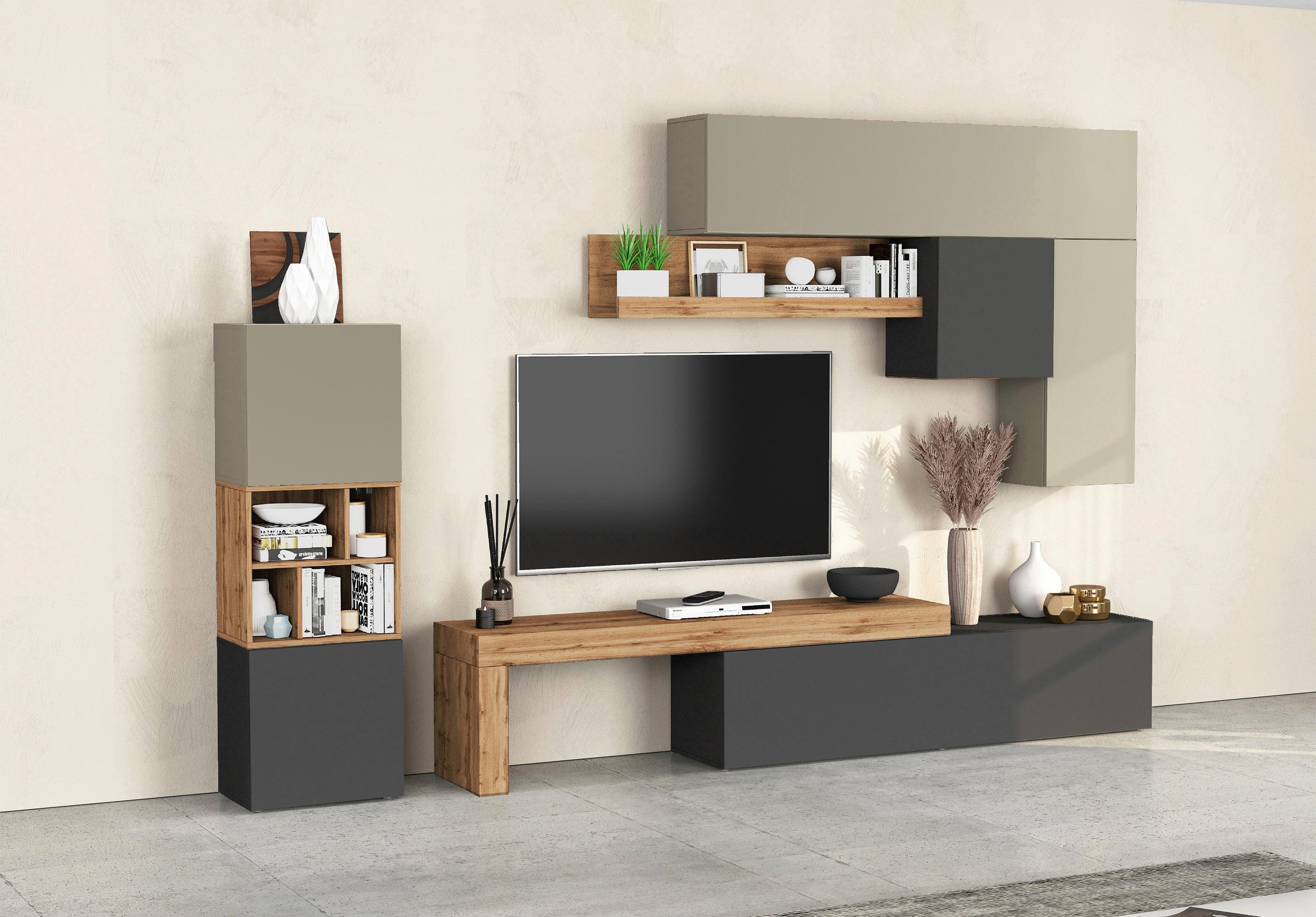 OTTO home Wohnwand Chronos Wohnwand, Medienwand, 8-er set, (Set, 8-St), ca. 320 cm mit Hängeschränke, Würfel, Regal, Lowboard, Made in Italy