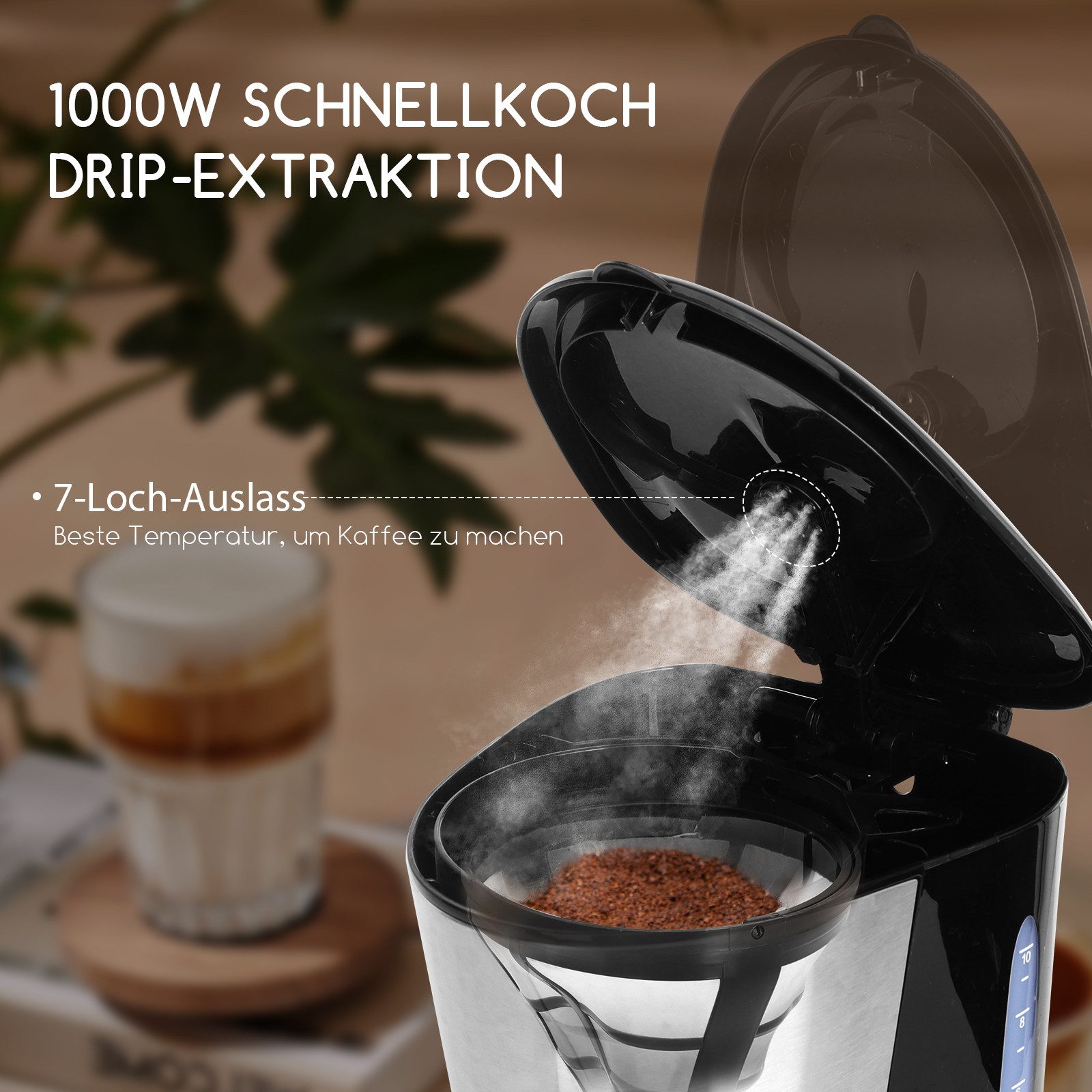 Aigostar Filterkaffeemaschine Filterkaffeemaschine Edelstahl, 1000W,10 Tassen,1,25l, 1.25l Kaffeekanne, Filterkaffeemaschine mit 1,25L Glaskanne, bis zu 10 Tassen