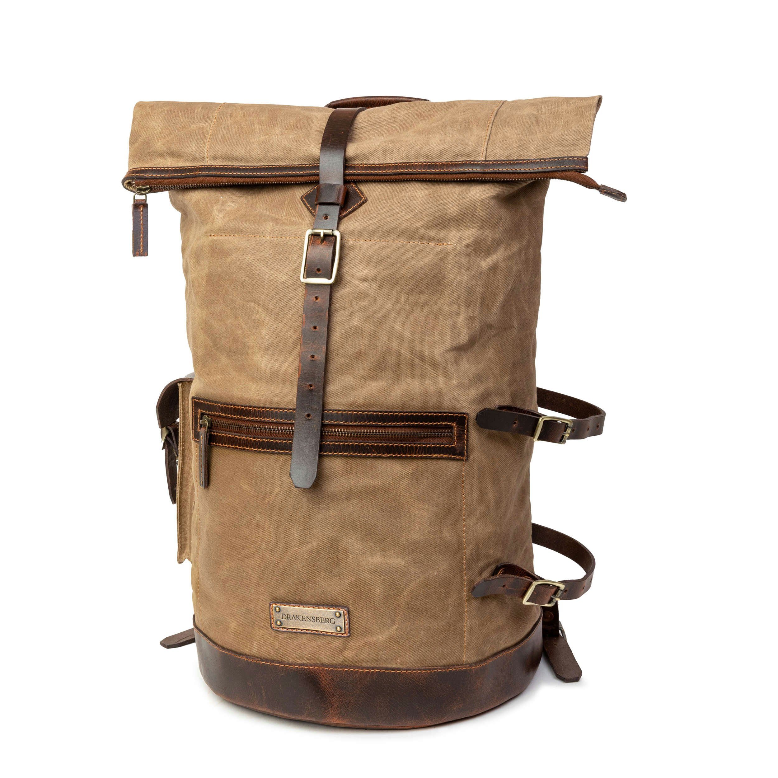 DRAKENSBERG Rucksack Seesack »Dale« Khaki-Sand, wetterfester großer Vintage Rucksack aus gewachstem Canvas und Leder