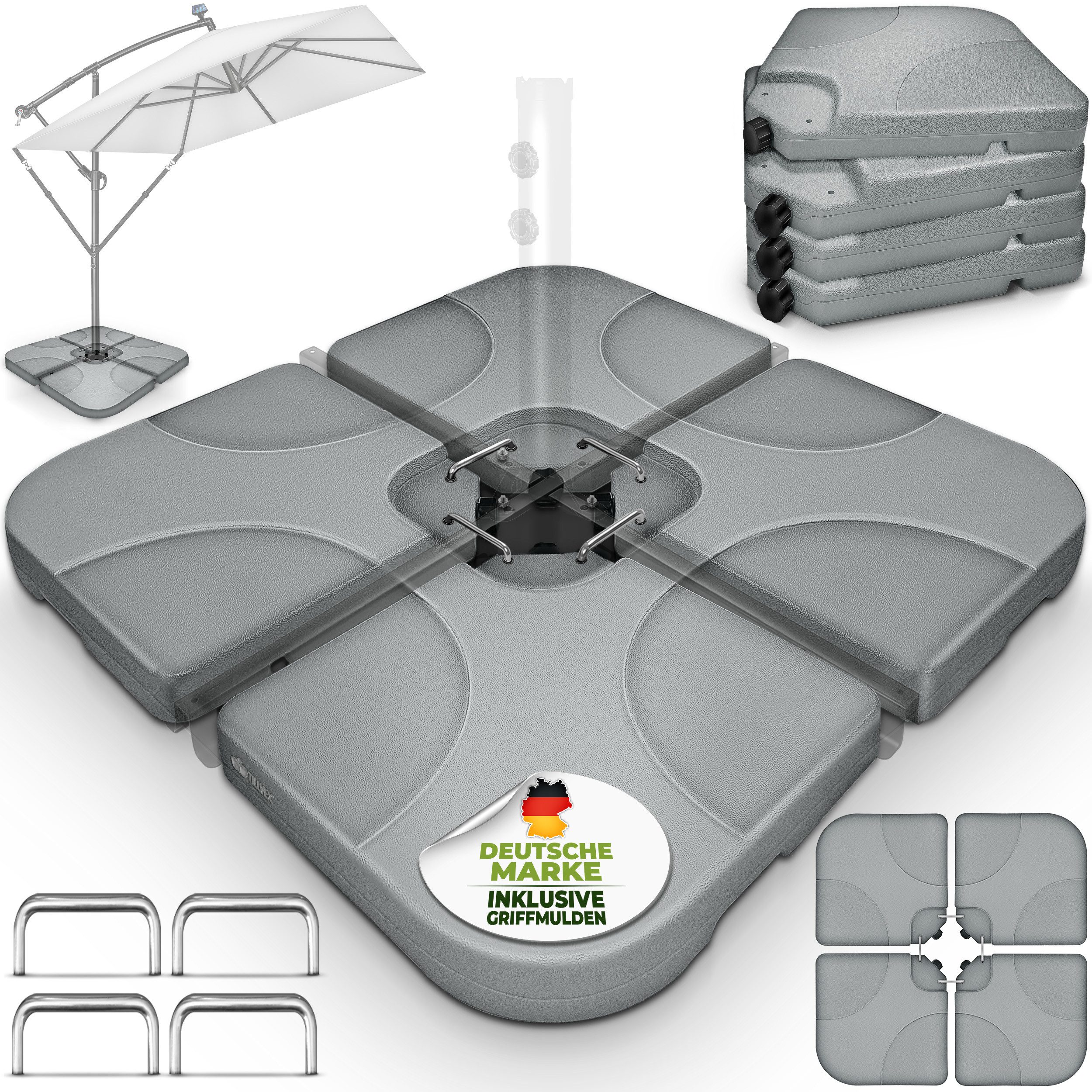 tillvex Sonnenschirm tillvex® Sonnenschirmständer 60L / 80kg Schirmständer Schirmgewicht, Schirmständer Ampelschirmständer wetterfest, inkl. Metallverbinder Schirmgewicht befüllbar, Sonnenschirmständer 60 Liter / 80 kg – 4-teilig für Ampelschirm