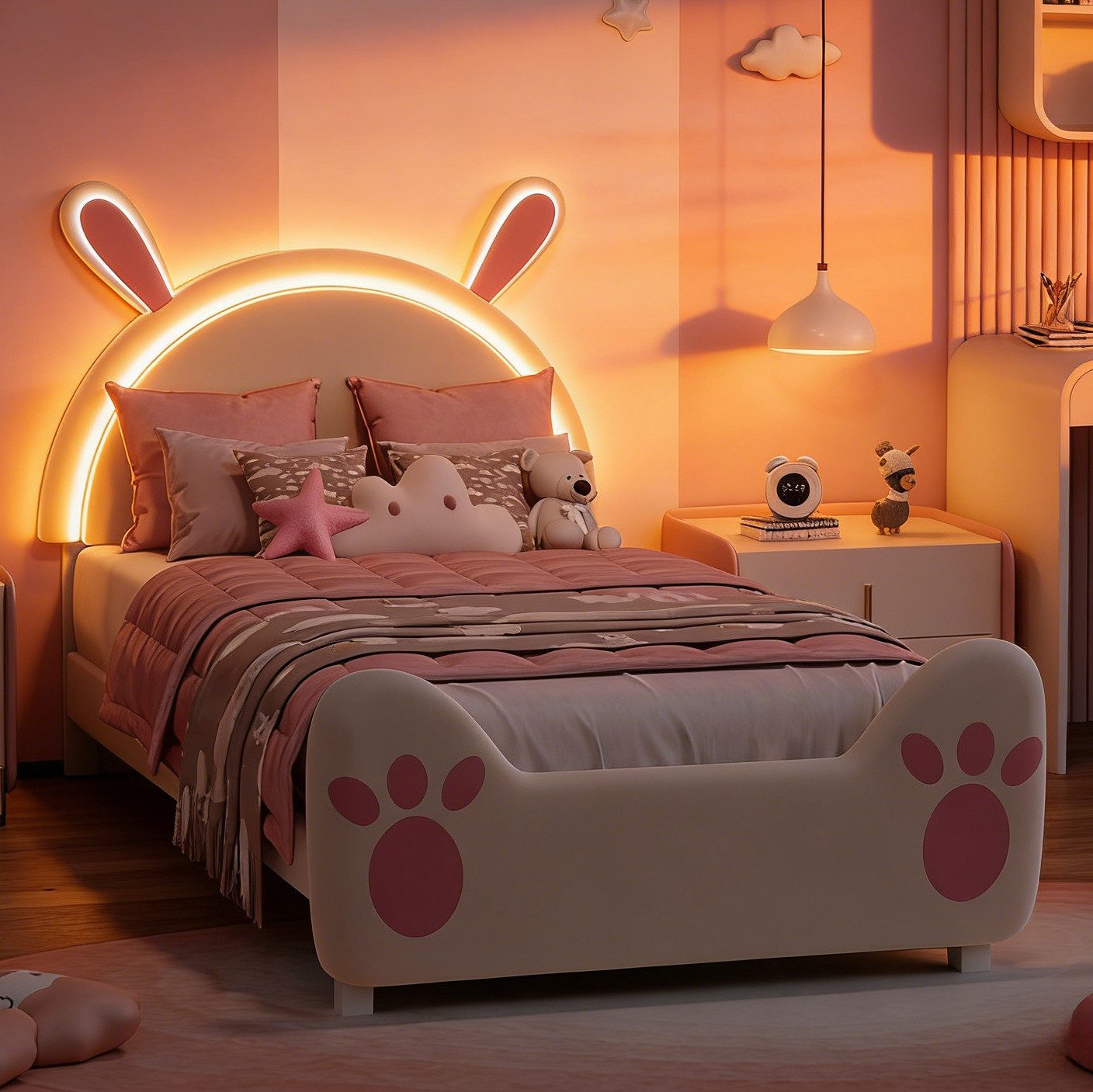 Furnishings Home Kinderbett Polsterbett LED mit Hasenohren Kopfteil 90x200 cm (1-tlg., LED Beleuchtung steuerbar per App/Fernbedienung), Einzelbett mit Hasenohren Kopfteil und Lattenrost, Samt