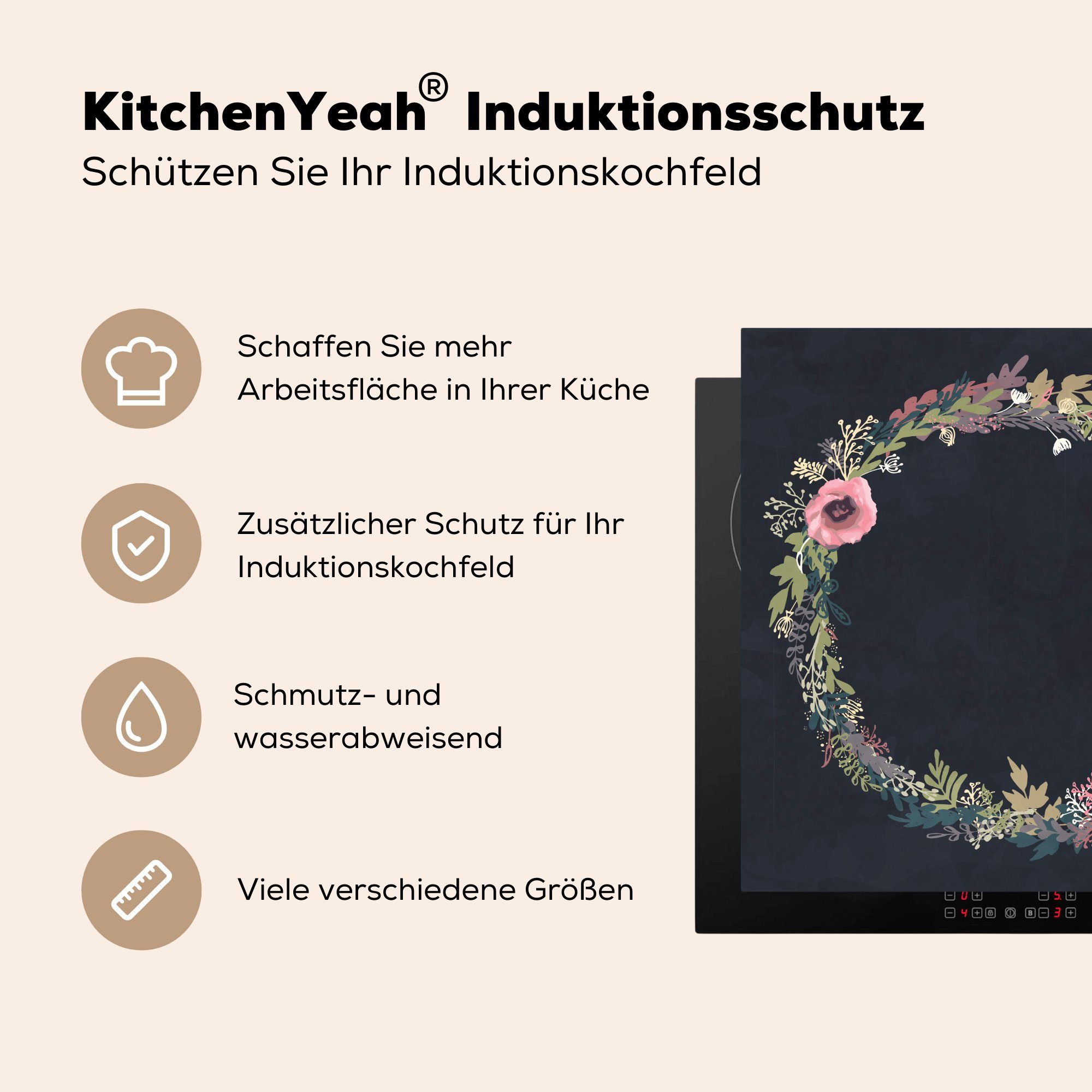 cm, MuchoWow tlg), Ceranfeldabdeckung, küche Herdblende-/Abdeckplatte Pastell Arbeitsplatte Kranz Vinyl, für (1 - Sommer, 78x78 -