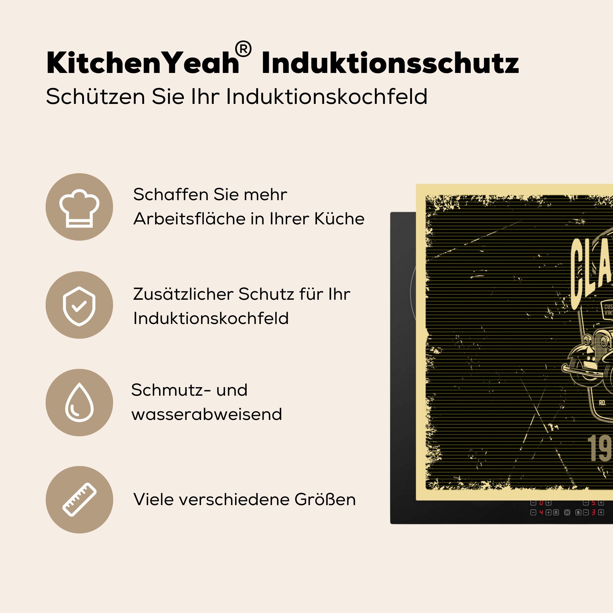 81x52 für tlg), cm, Auto Herdblende-/Abdeckplatte Induktionskochfeld - Schutz - die Retro Ceranfeldabdeckung - Mancave MuchoWow Schwarz, (1 Vinyl, küche,