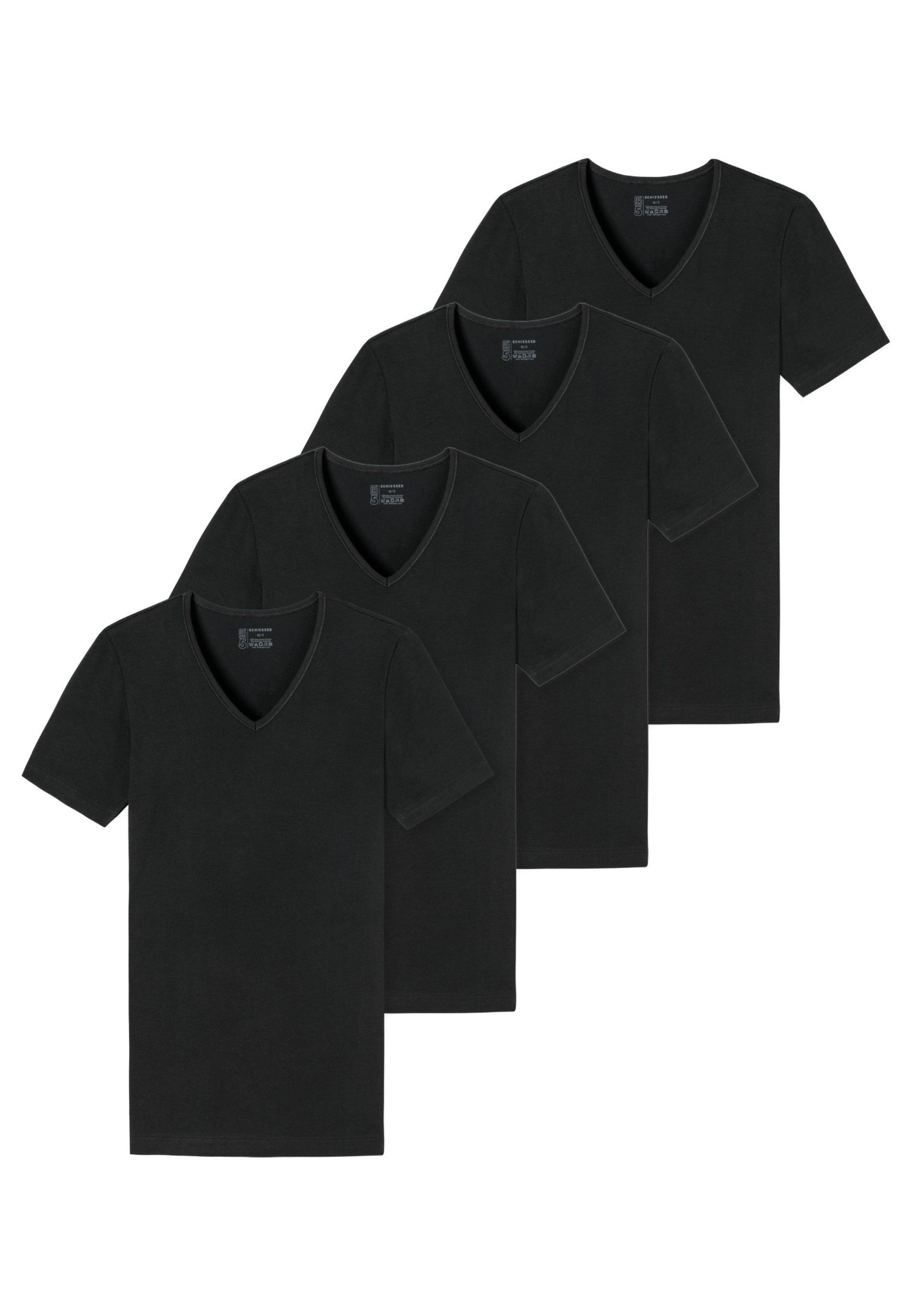 Schiesser Unterhemd 4er-Pack Unterhemd 95/5 4-St) Schwarz Baumwolle - V-Aussschnitt / - Cotton Shirt Organic - Tiefer (Spar-Set, - Kurzarm