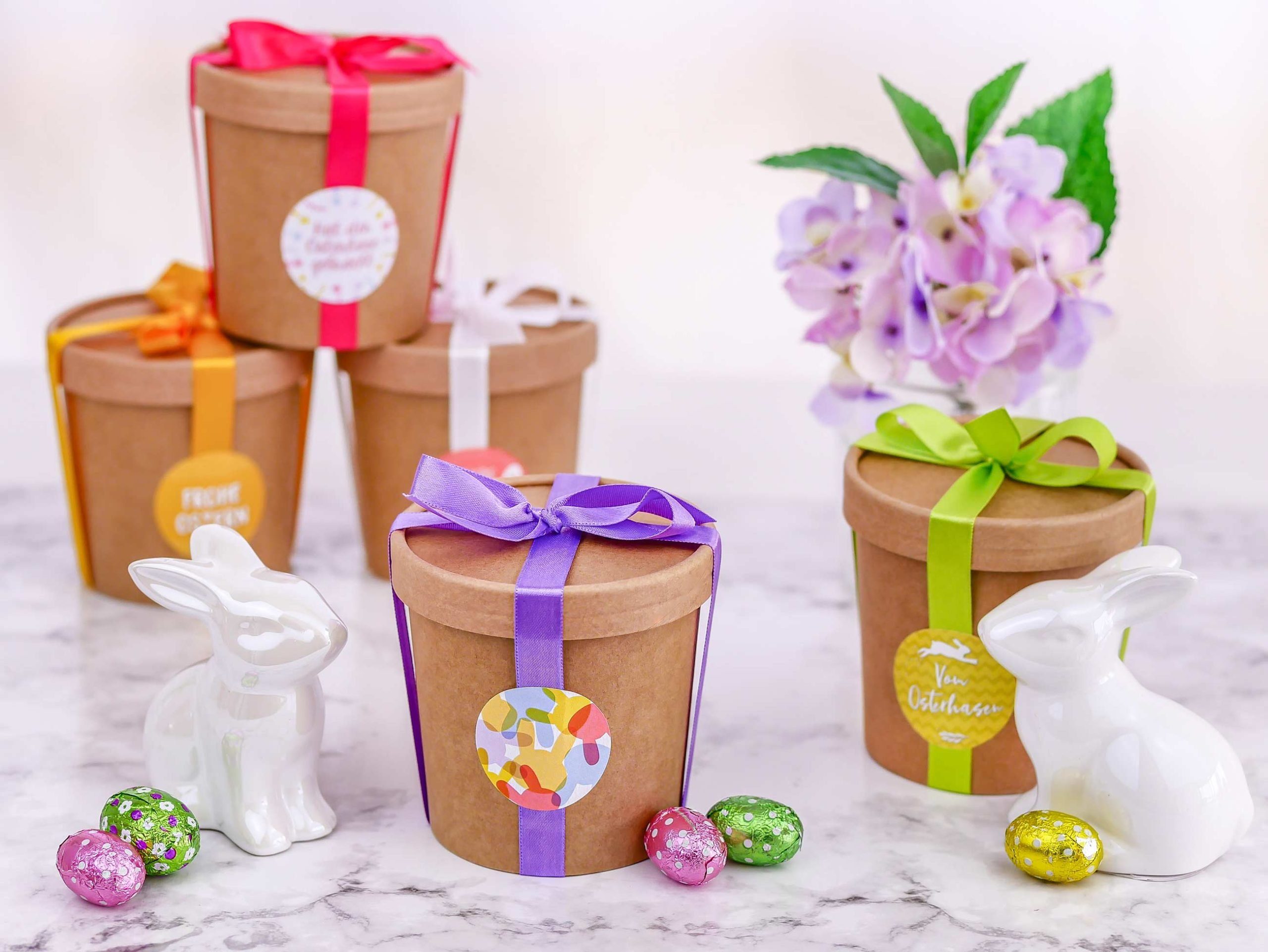PAPIERDRACHEN Osternest 6 Osternester - Naturbraune Becher mit buntem Satinband