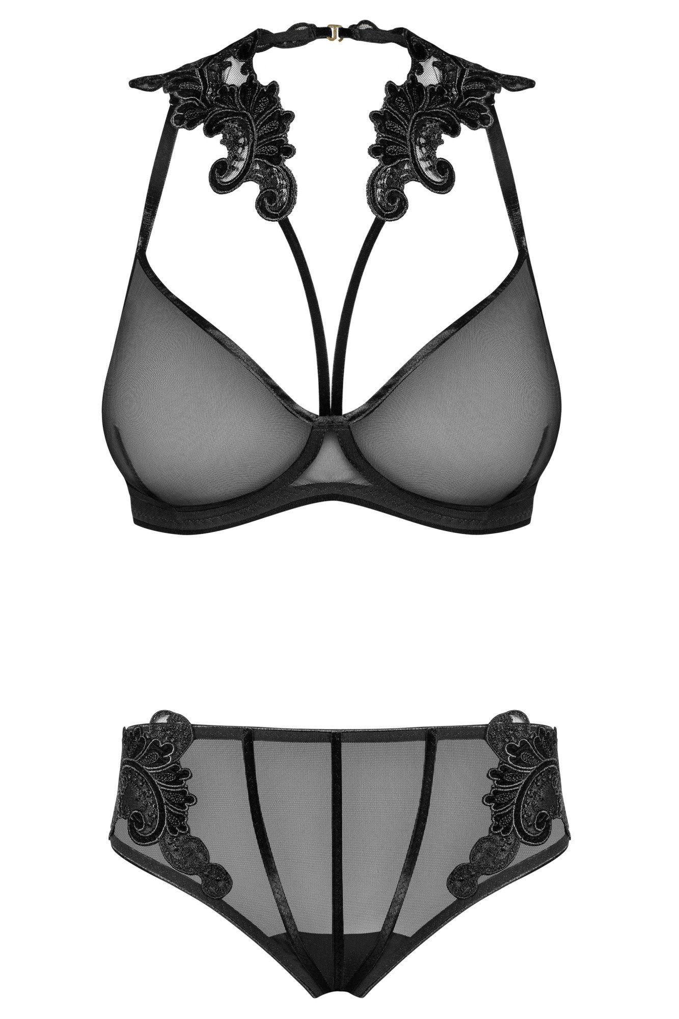 Set: Dekolleté-BH Frauen Dessous Set aus Bügel-BH mit Stickerei und Panty in schwarz tra