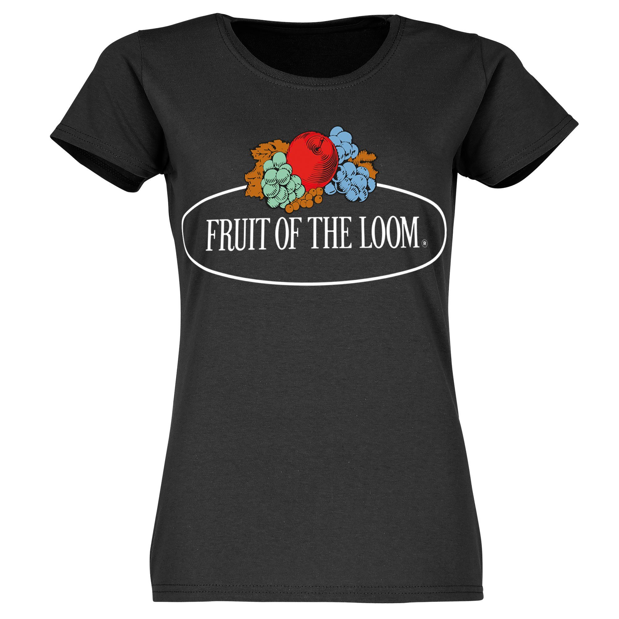 the the T-Shirt of Fruit the of schwarz Fruit Loom mit Rundhalsshirt of Damen Logo Fruit Loom Loom