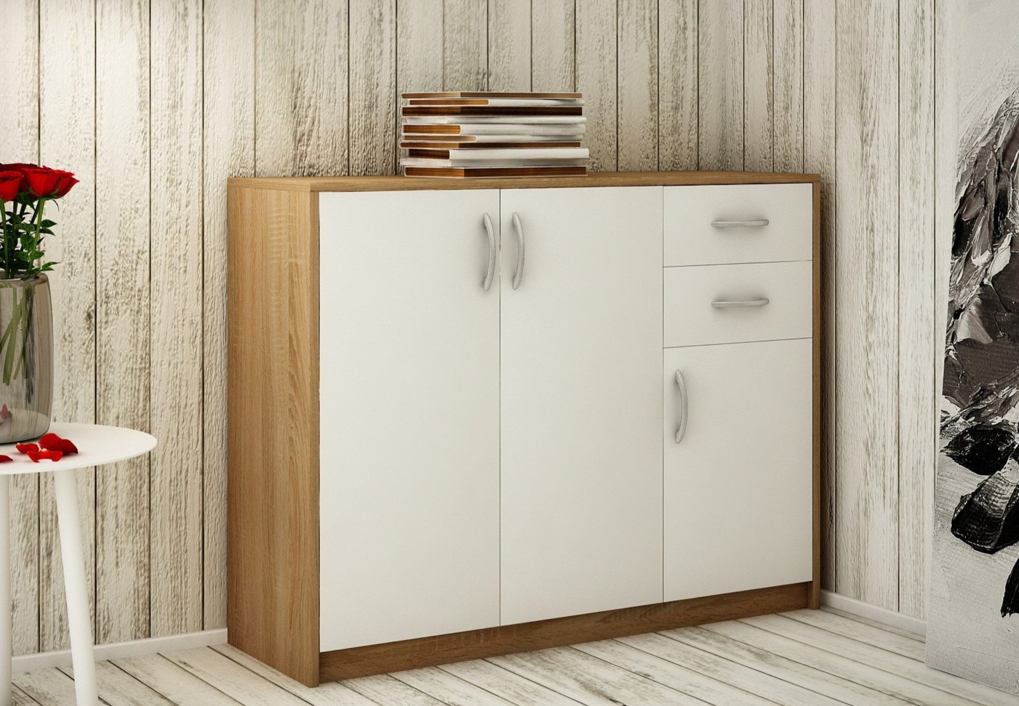 Home Collective Kommode mit 2 Schubladen und 3 Türen in matter Ausführung, Kommode 110cm breit (Hergestellt aus laminierten Platten, Metallrollen mit Auszugsperre), Holz Schrank Sideboard Highboard Kommode mit Schubladen Sonoma-Weiß