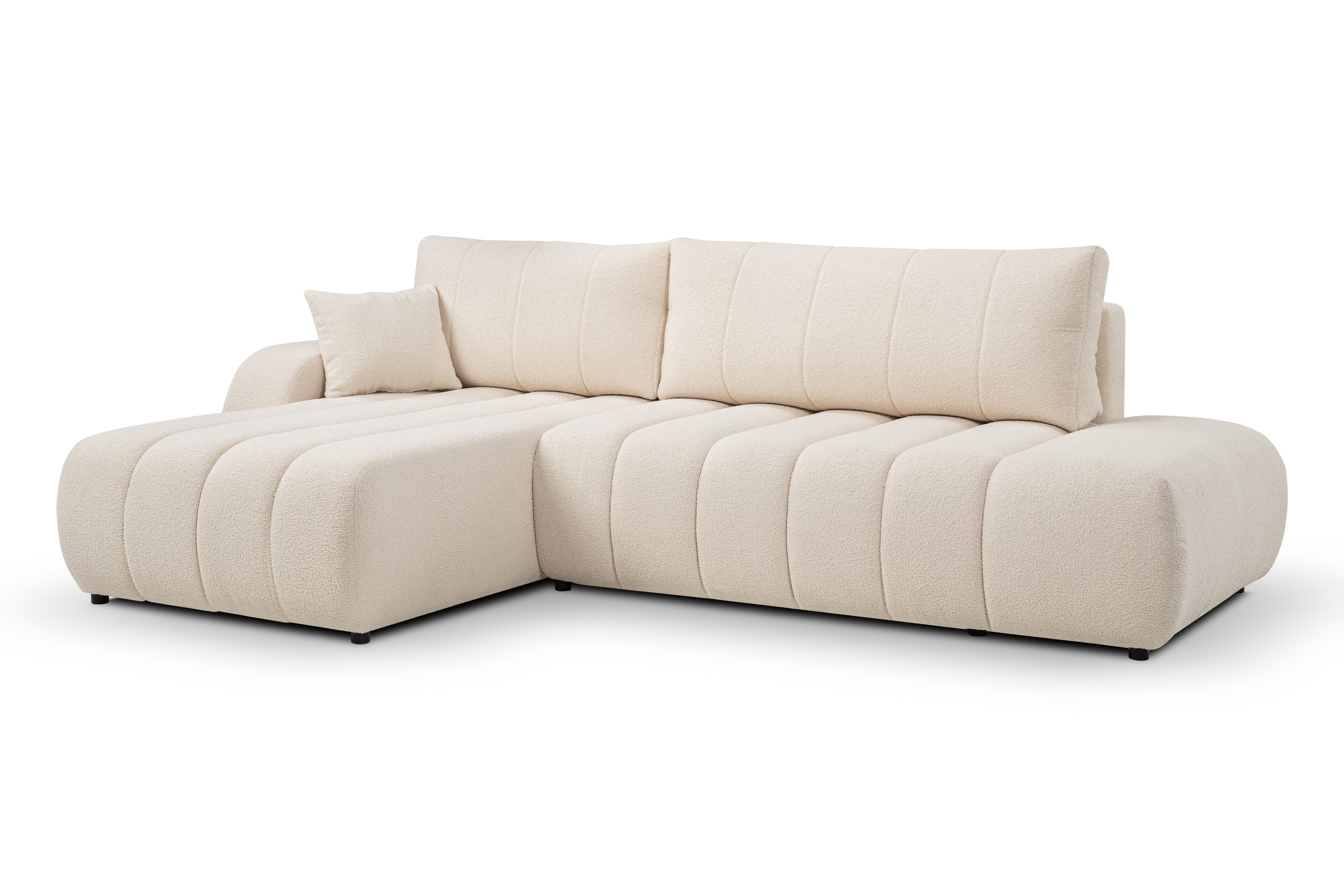 MOEBLO Ecksofa Baloon aus Bouclé, Eckcouch Wohnlandschaft Sofa mit Ottomane Eckgarnitur Polsterecke mit Schlaffunktion und Bettkasten, Bouclé-Stoff - optional mit Hocker, (BxHxT):276 x 88 x 176 cm Mit optionalem Hocker erhältlich