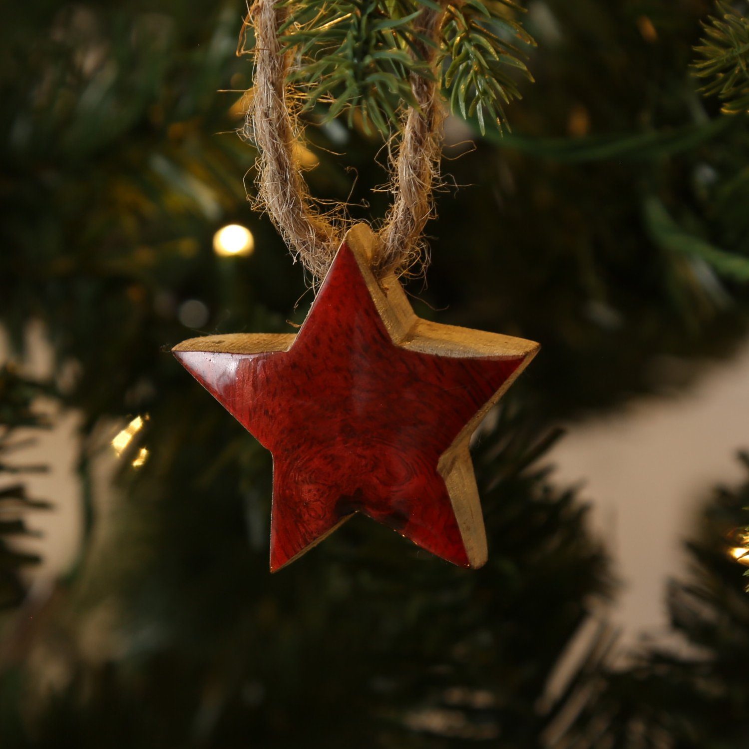 Hängestern Christbaumschmuck rot Kordel emailliert Holzstern 5,5cm Weihnachtsstern MARELIDA Jute