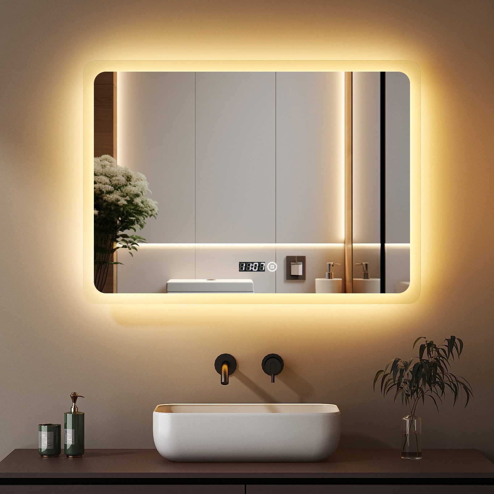 LED-Lichtspiegel LED Badspiegel mit uhrzeit 80x60 Wandspiegel mit beleuchtung Touch