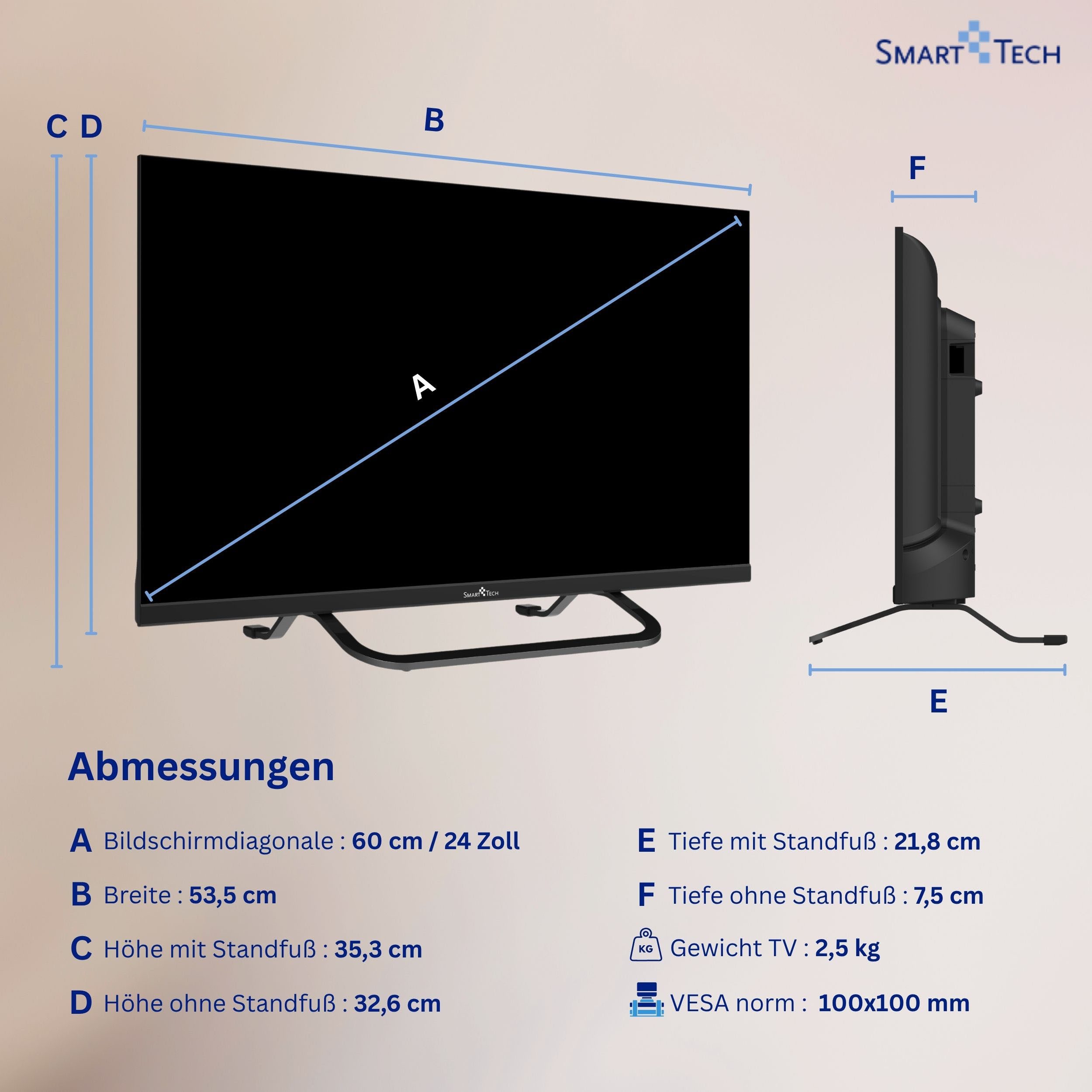 Smart Tech 24QV02VC QLED-Fernseher (60 cm/24 Zoll, HD-ready, VIDAA Smart TV, VIDAA Smart TV, 12 Volt Camping TV, Triple-Tuner)