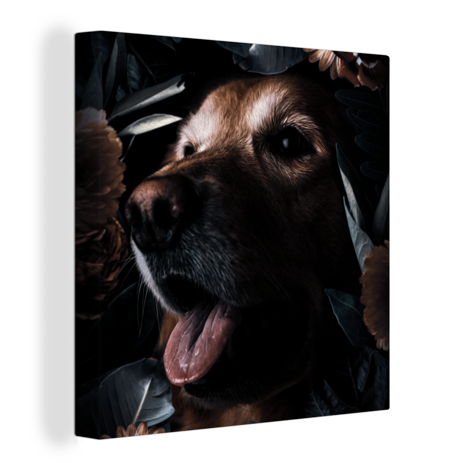 OneMillionCanvasses® Leinwandbild Hund - Blumen - Blätter - Botanisch, (1 St), Leinwand Bilder für Wohnzimmer Schlafzimmer