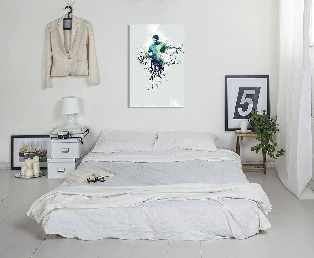 Sinus Art Leinwandbild Cristiano Ronaldo II 90x60cm Keilrahmenbild Kunstbild Aquarell Art Wandbild auf Leinwand fertig ger