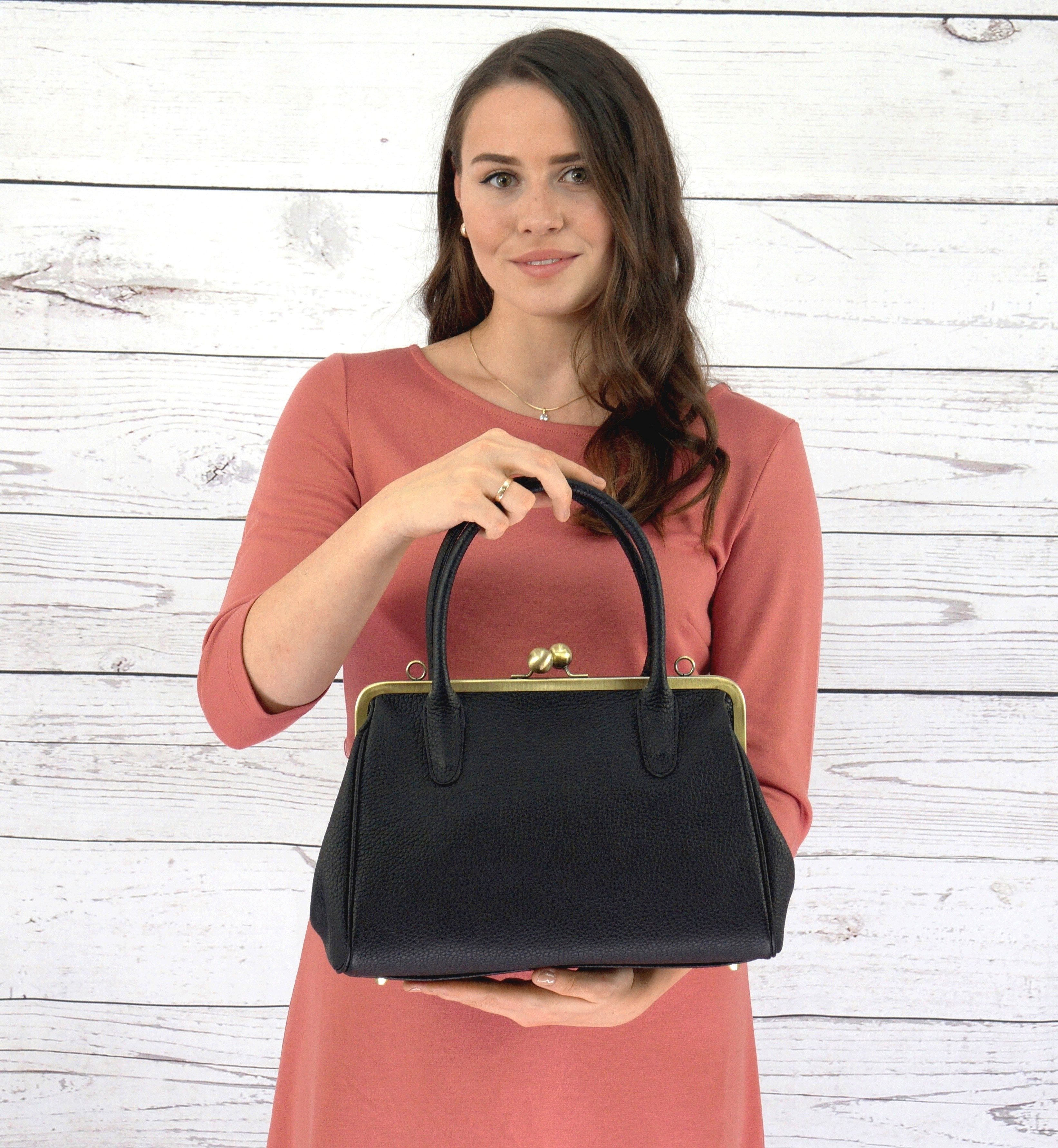 Taschenkinder Handtasche Handtasche "Marie", Damentasche, Schultertasche, Vintage Stil, Retro, Echt Leder, Vintage Stil, Retro Bügeltasche, Clipverschluss