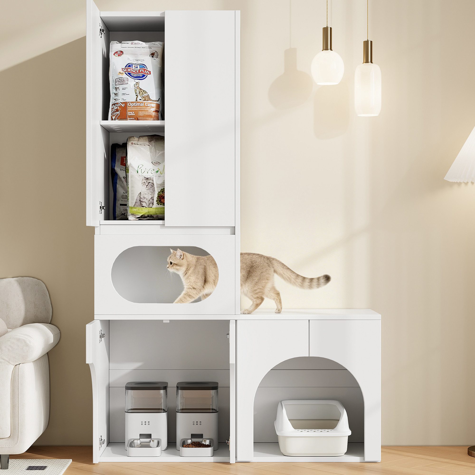 KEFEYA Katzenhaus mit 2 Katzentoilettenplätzen, Kratzsäule mit Ruhehöhle, Haustierschrank für Katzen & Hunde