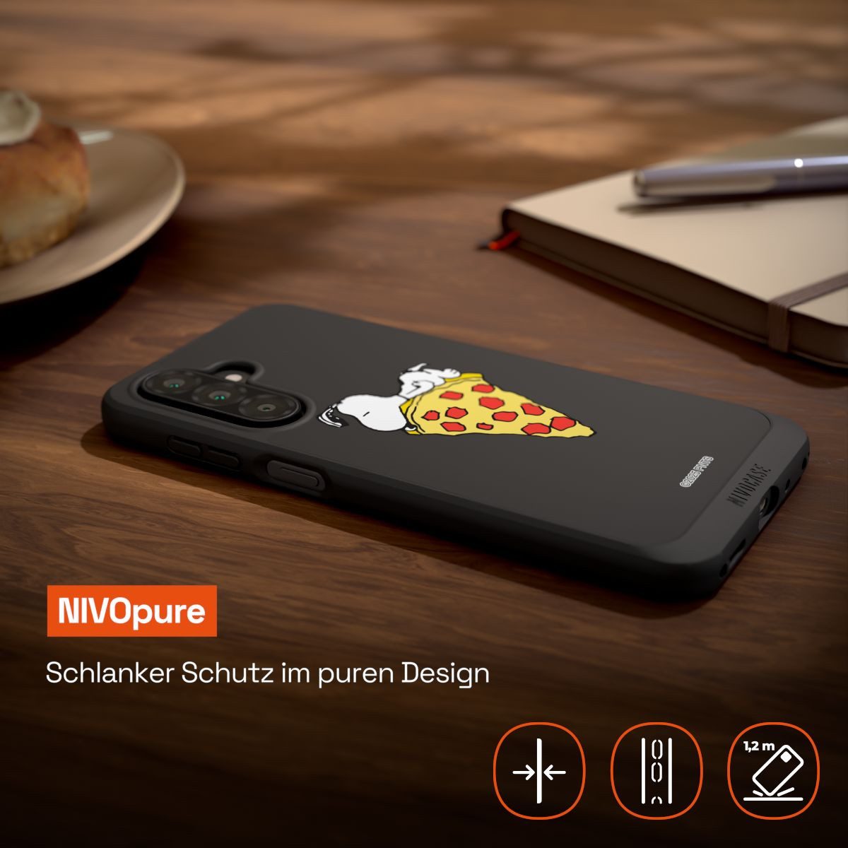 NIVOCASE Handyhülle Peanuts Pizza Snoopy Snoopy Pizza Transparent, Samsung Galaxy A17 5G Handyhülle Hülle NIVOpure Case Schwarz – Bild 5 von 5