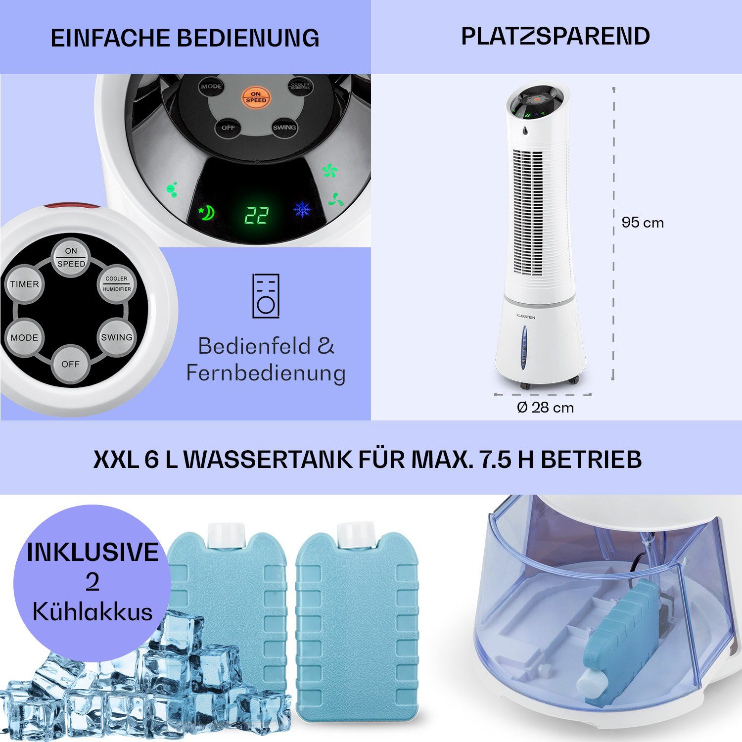 Klimagerät mit Luftkühler, Klarstein Weiß & mobil Wasserkühlung Abluftschlauch Ice 4-in-1 Skyscraper Eis Ventilatorkombigerät ohne
