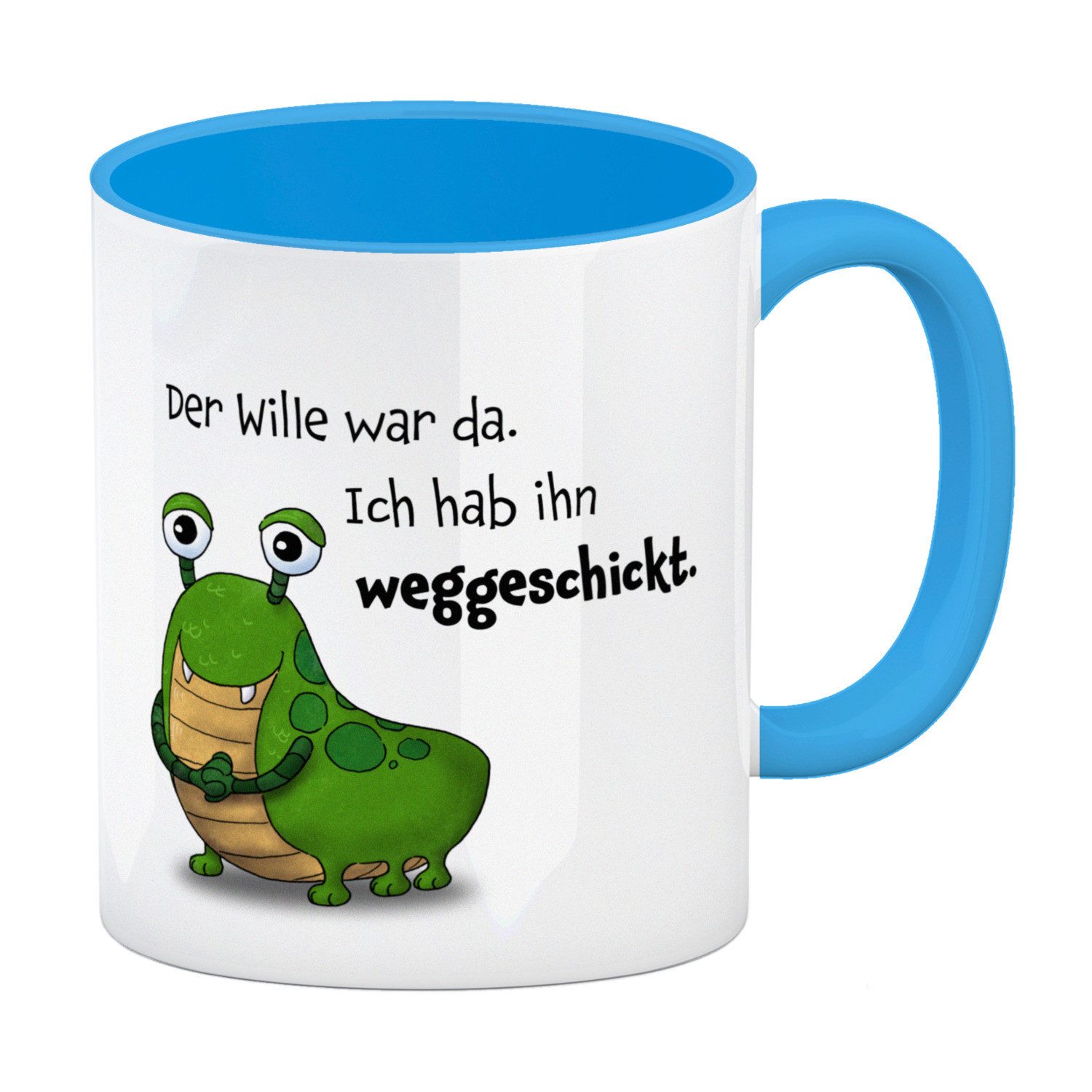 speecheese Tasse Freches Monster in grün Kaffeebecher in hellblau mit lustigem Spruch