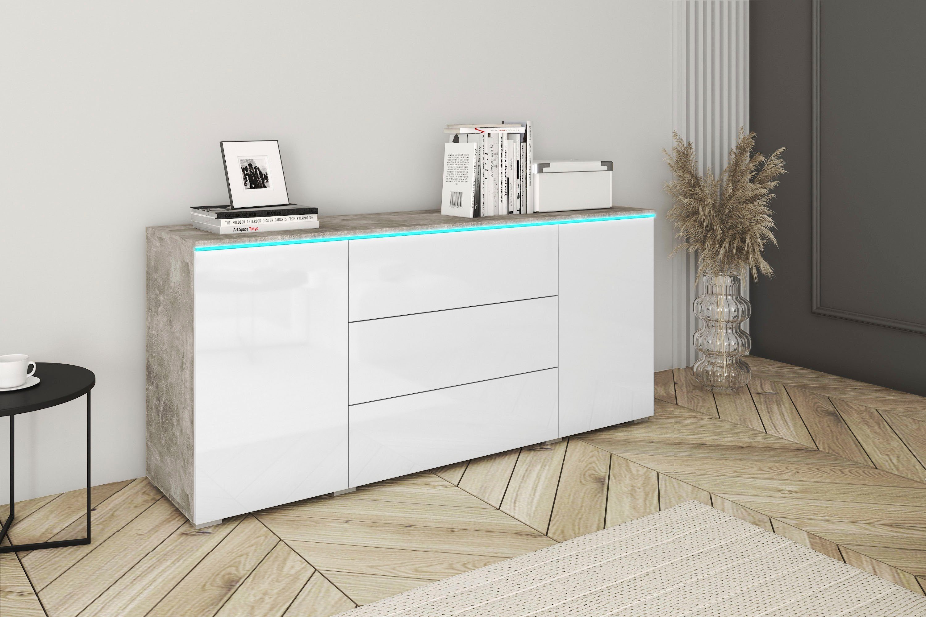 Betonoptik/weiß Vera, Breite 150 INOSIGN Hochglanz Sideboard cm