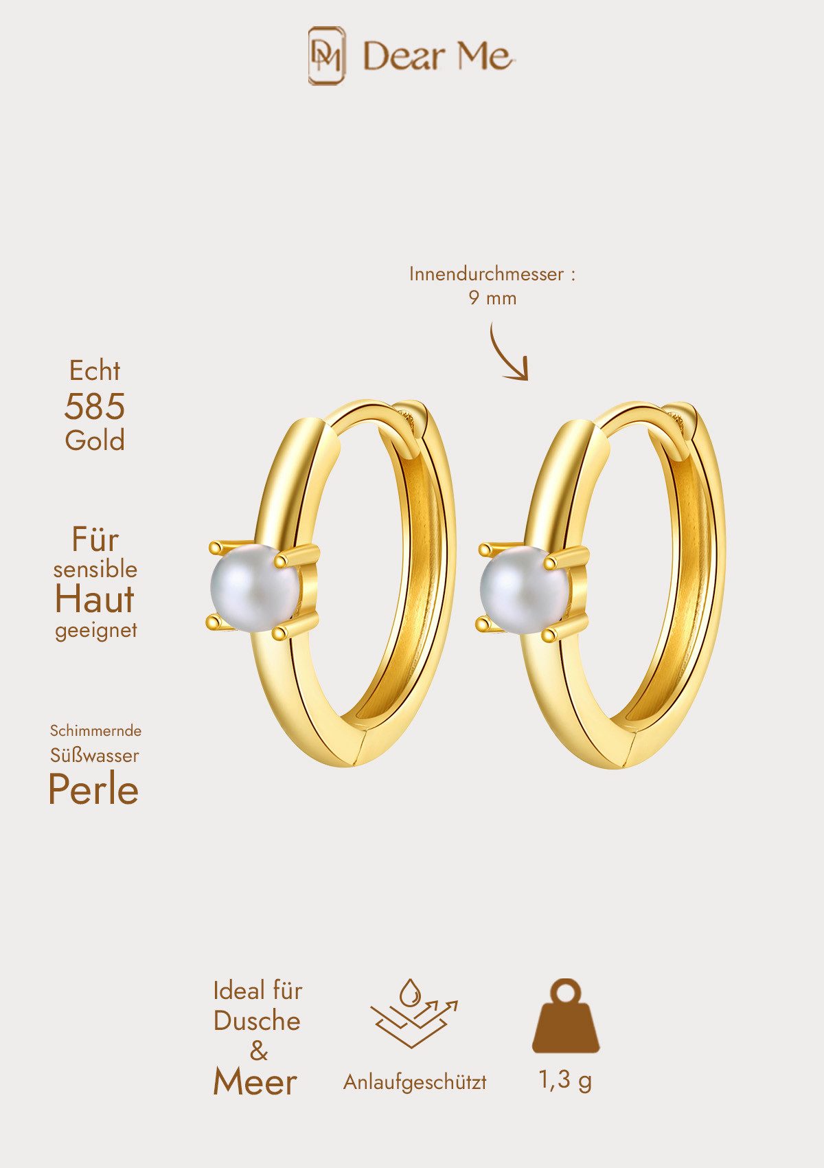 Dear Me Klappcreolen Damen 14 Karat Gold Perlen weiß, Ohrringe Massivgold, Goldohrringe 585 Echtgold mit Perle, Brautschmuck